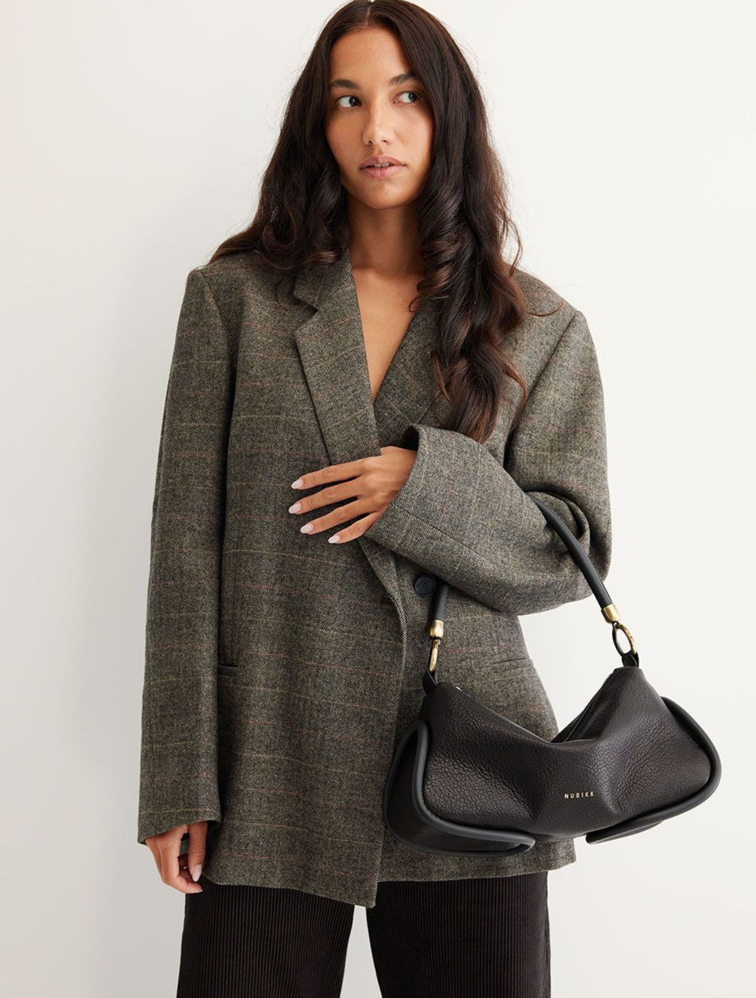 jas, blazer, grijs, wollen, handtas