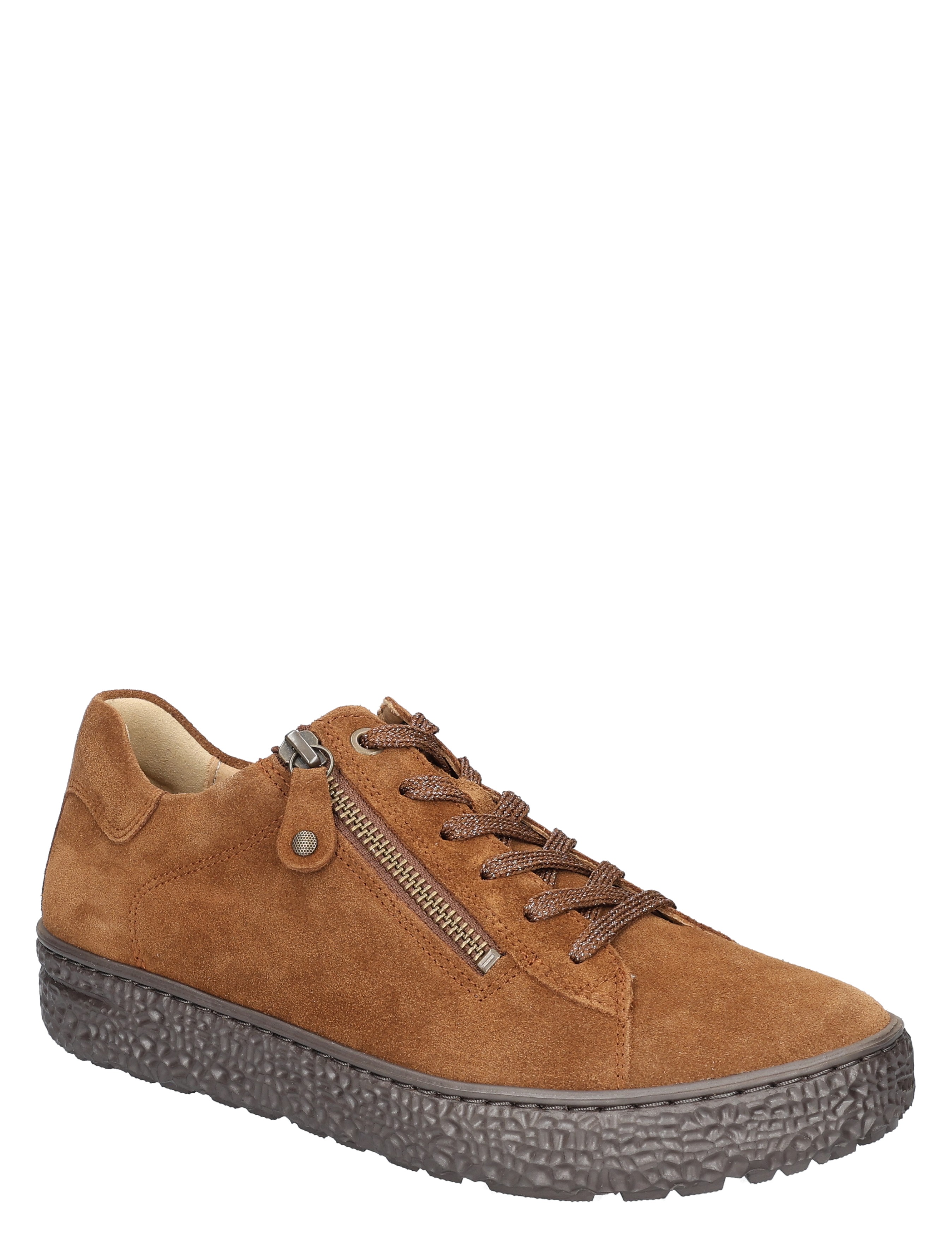 sneaker, bruine suede, zijrits, wafelzool, luxe sneaker