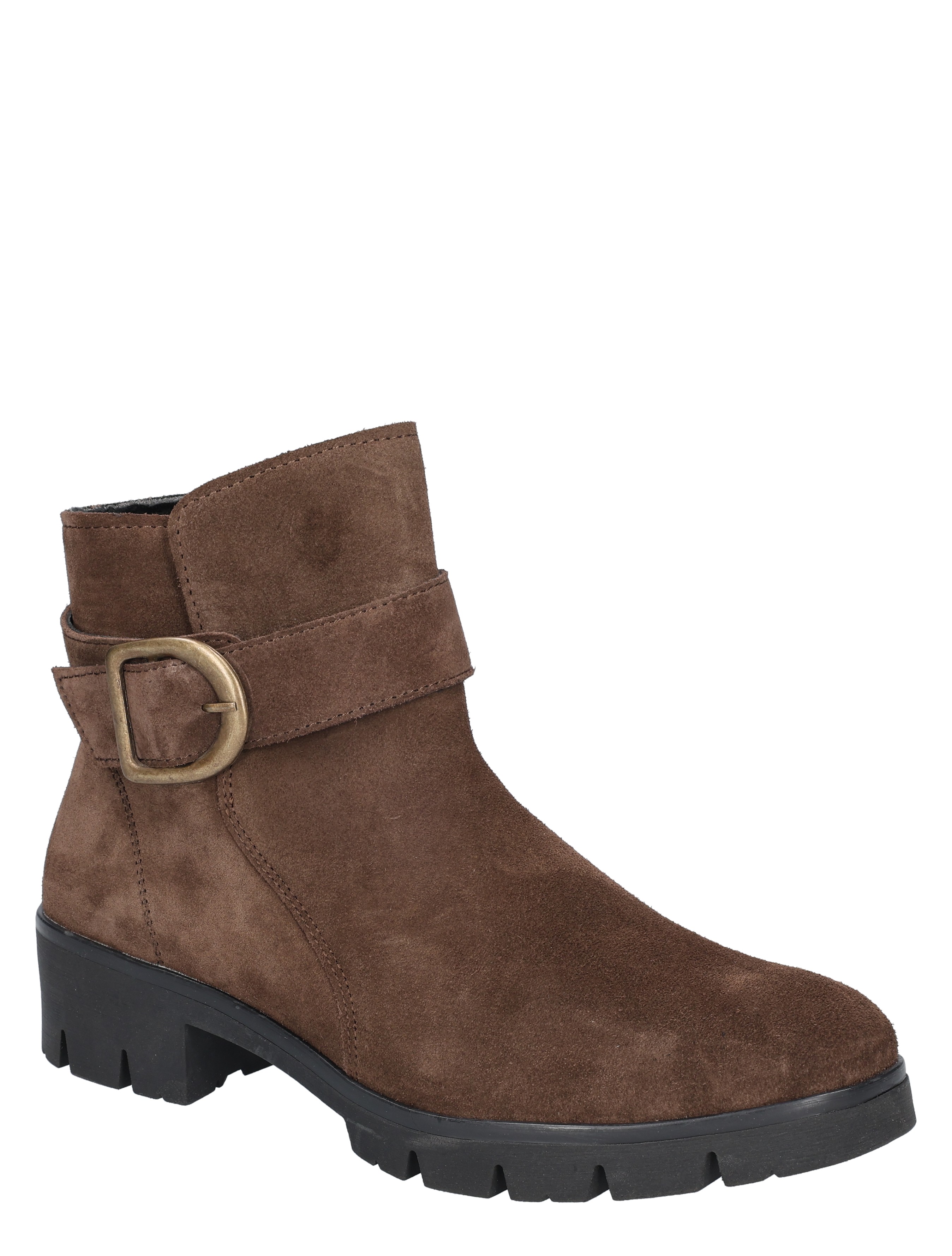 brown suede, ankle boot, buckled strap, block heel, slip-on boot