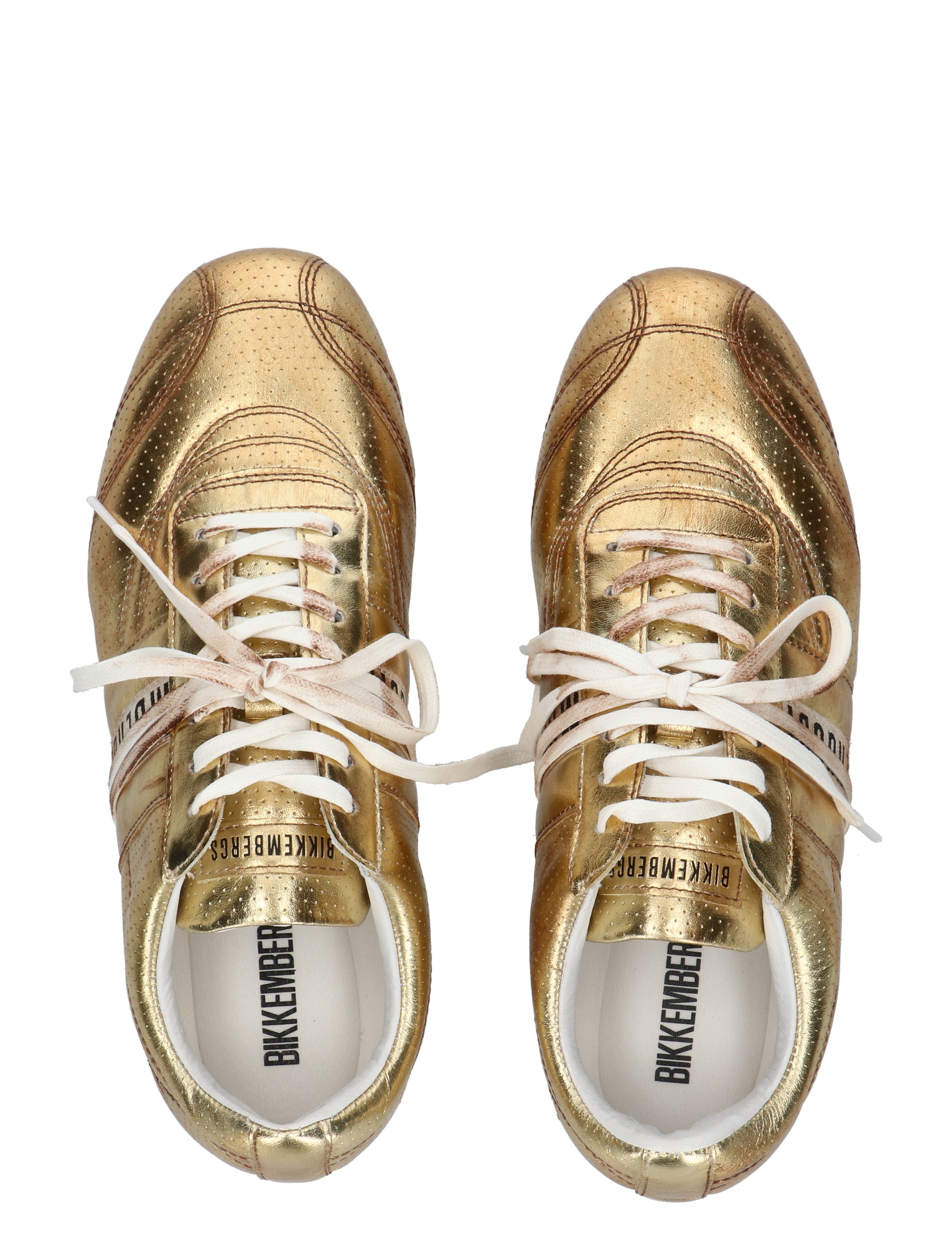 sneakers, golden, leder, perforaties, veters