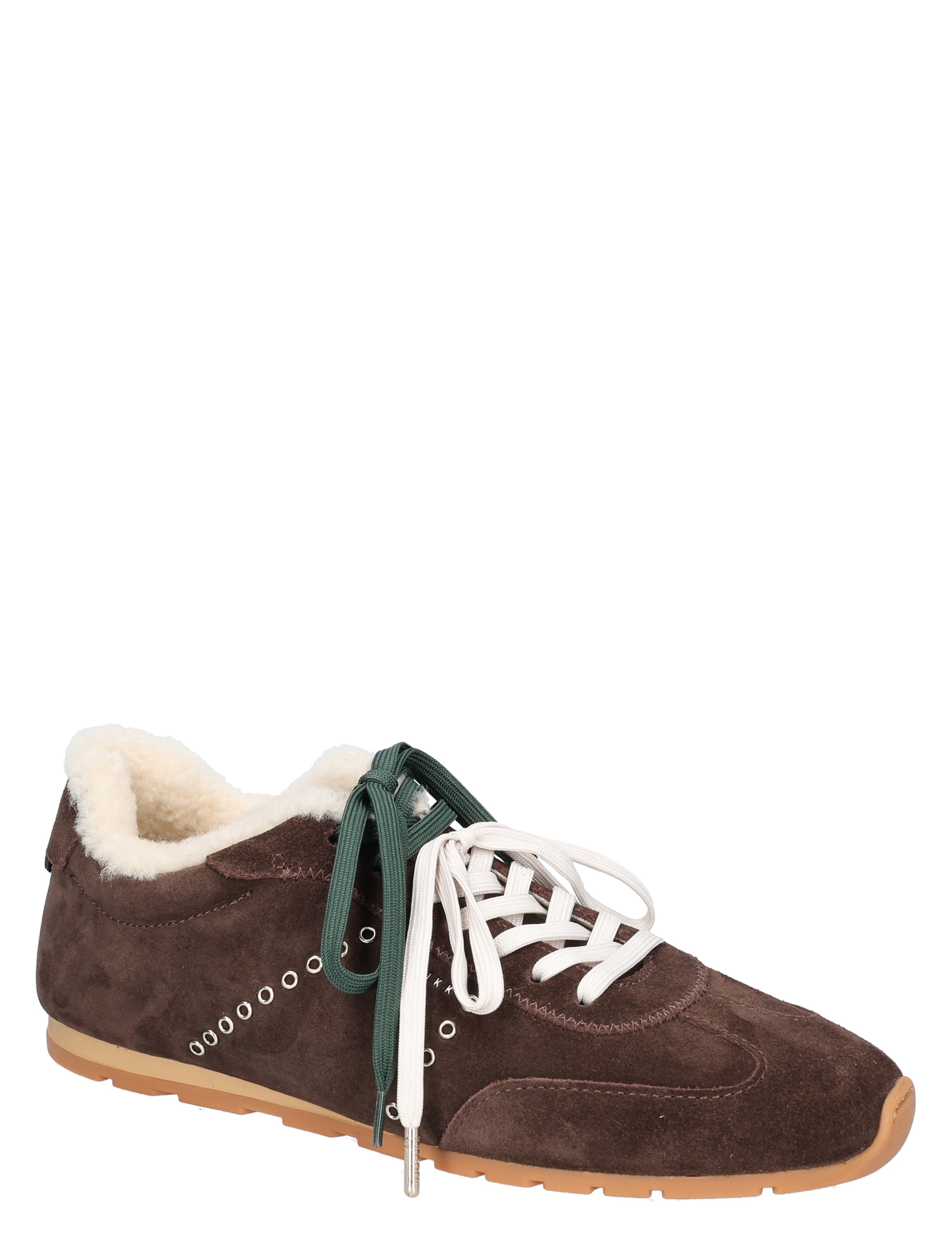 bruin, suede, shearling, veters, sneaker