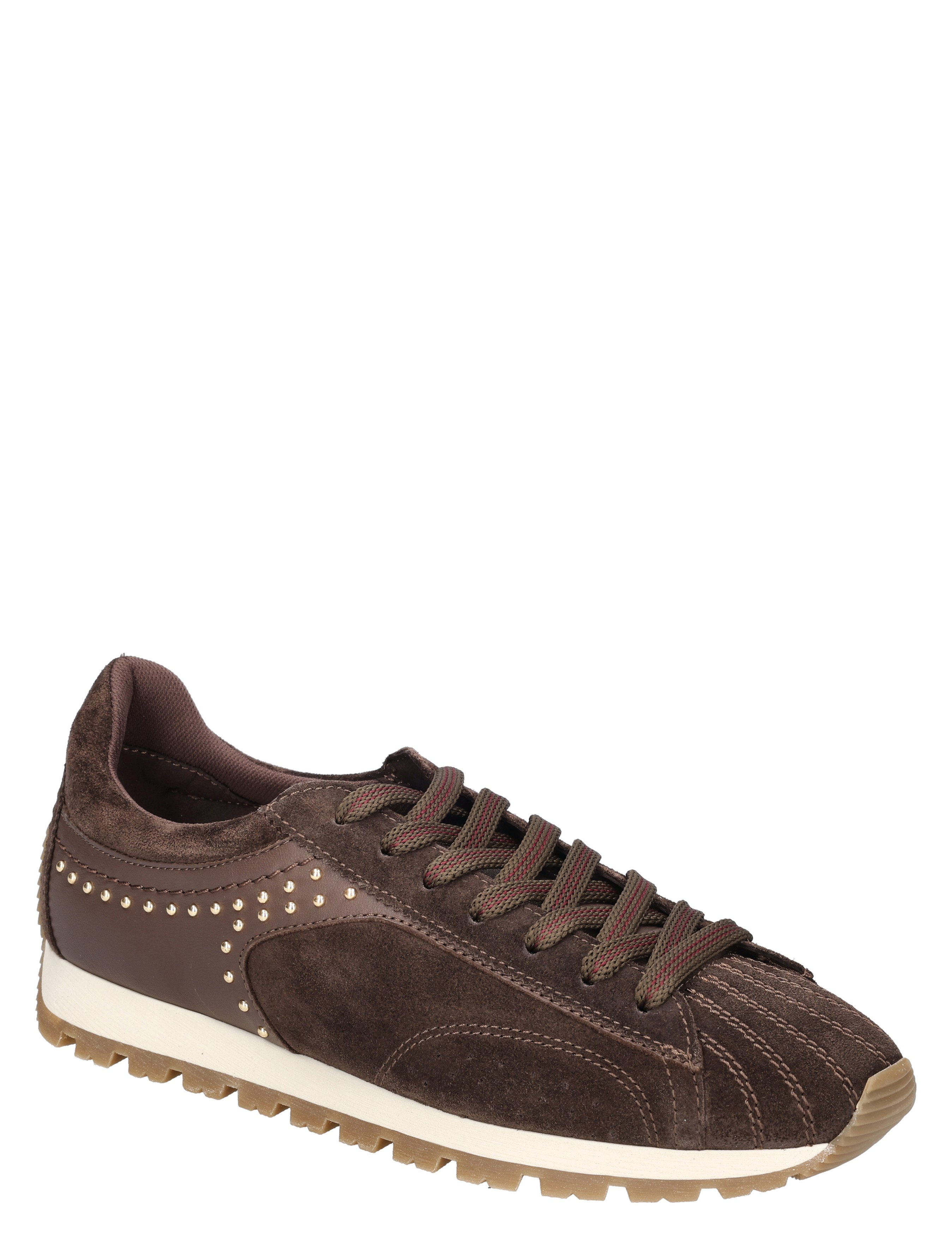 sneaker, bruine schoen, suède, studs, rubberzool