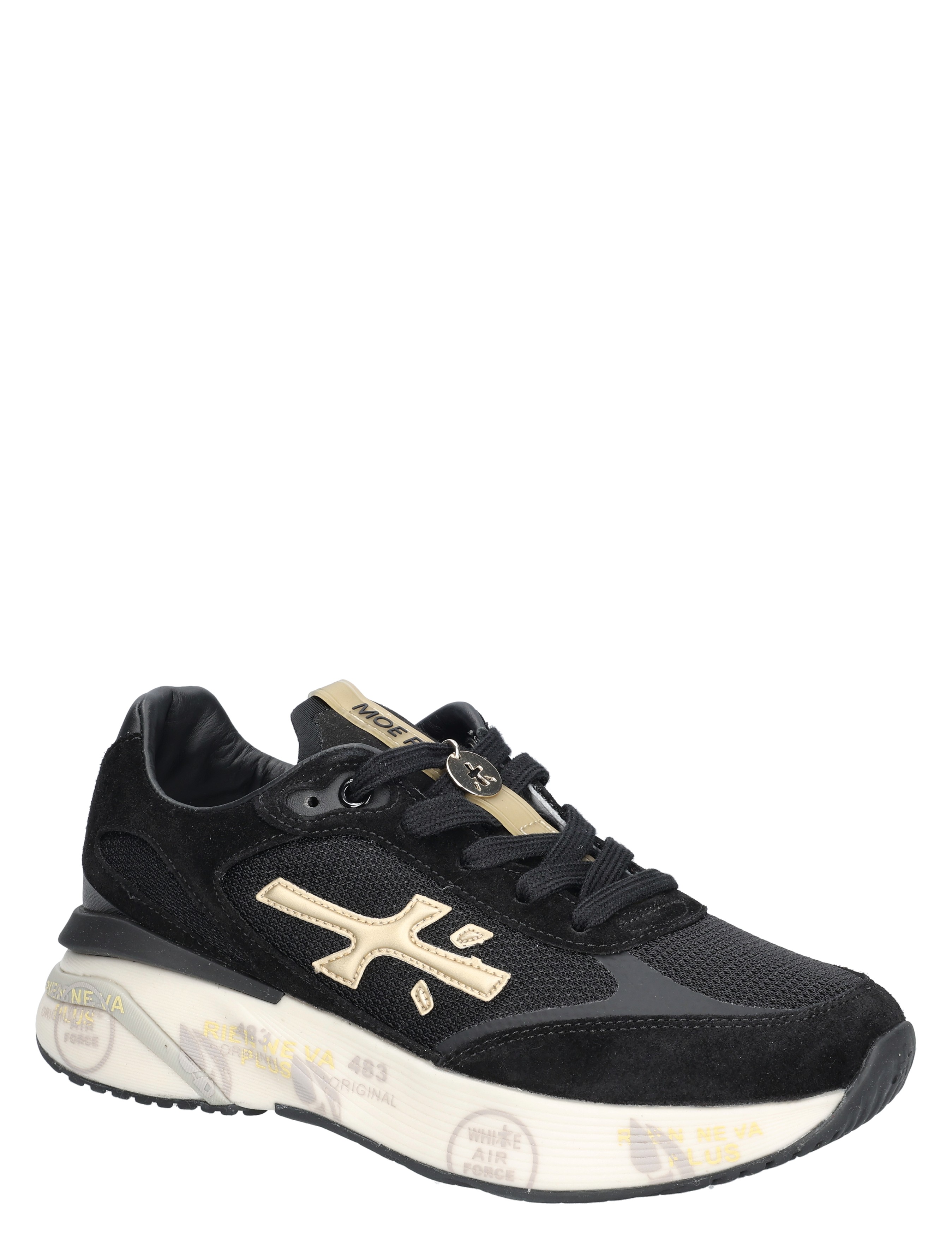sneaker, zwart, mesh, suede, gouden accenten