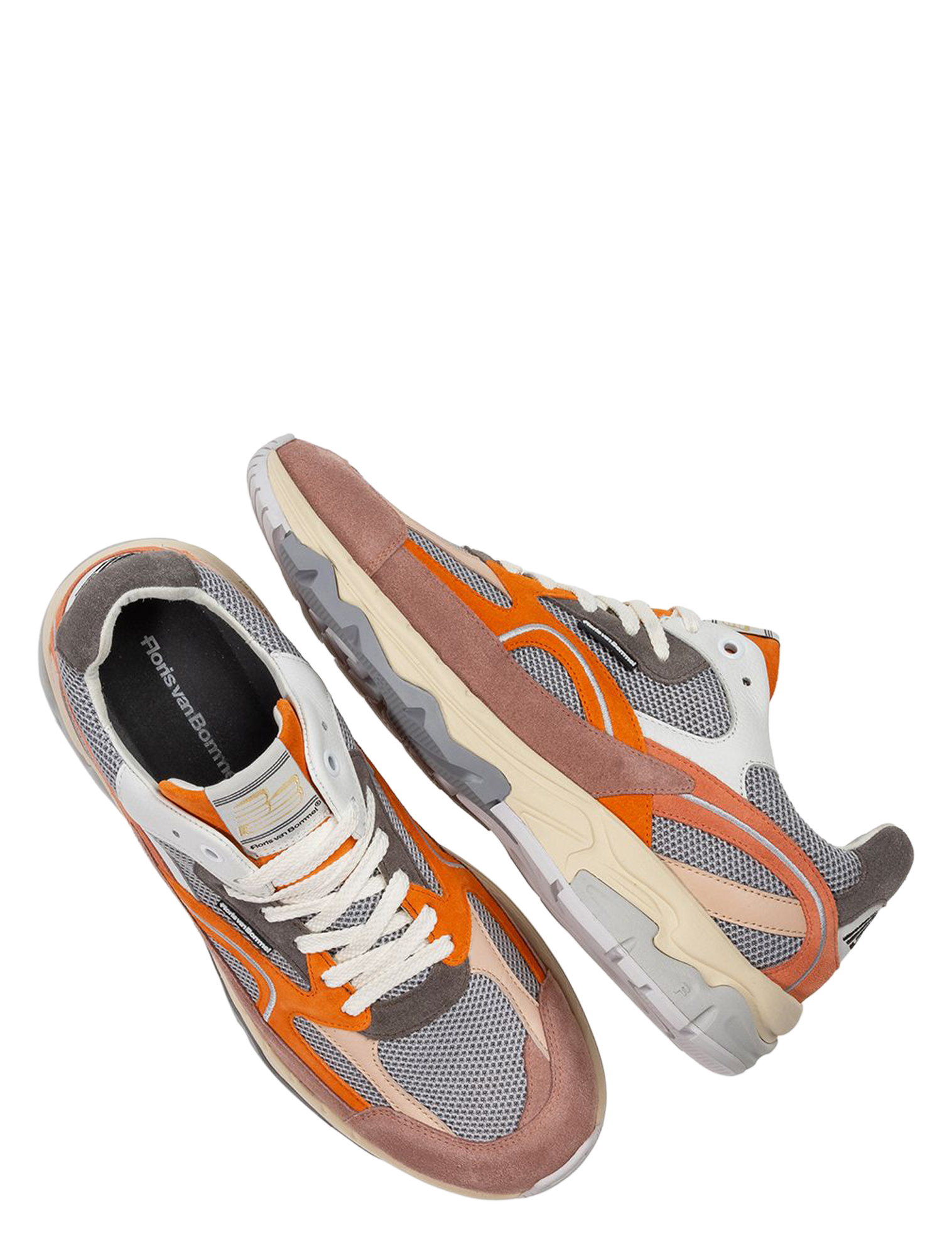 sneaker, wandelschoen, grijs-oranje, meshvoering, veters