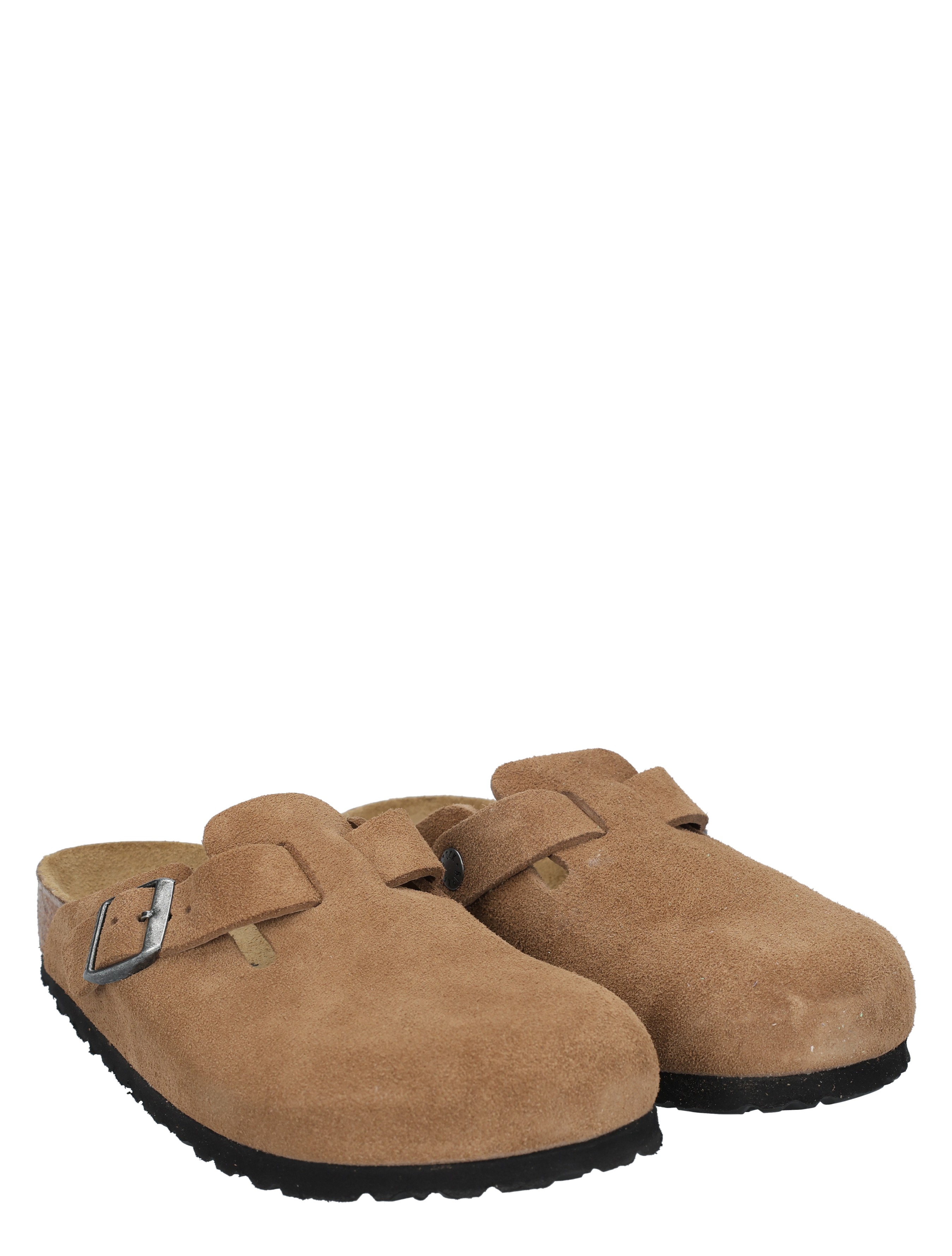 slippers, clogs, suede, buckled, brown