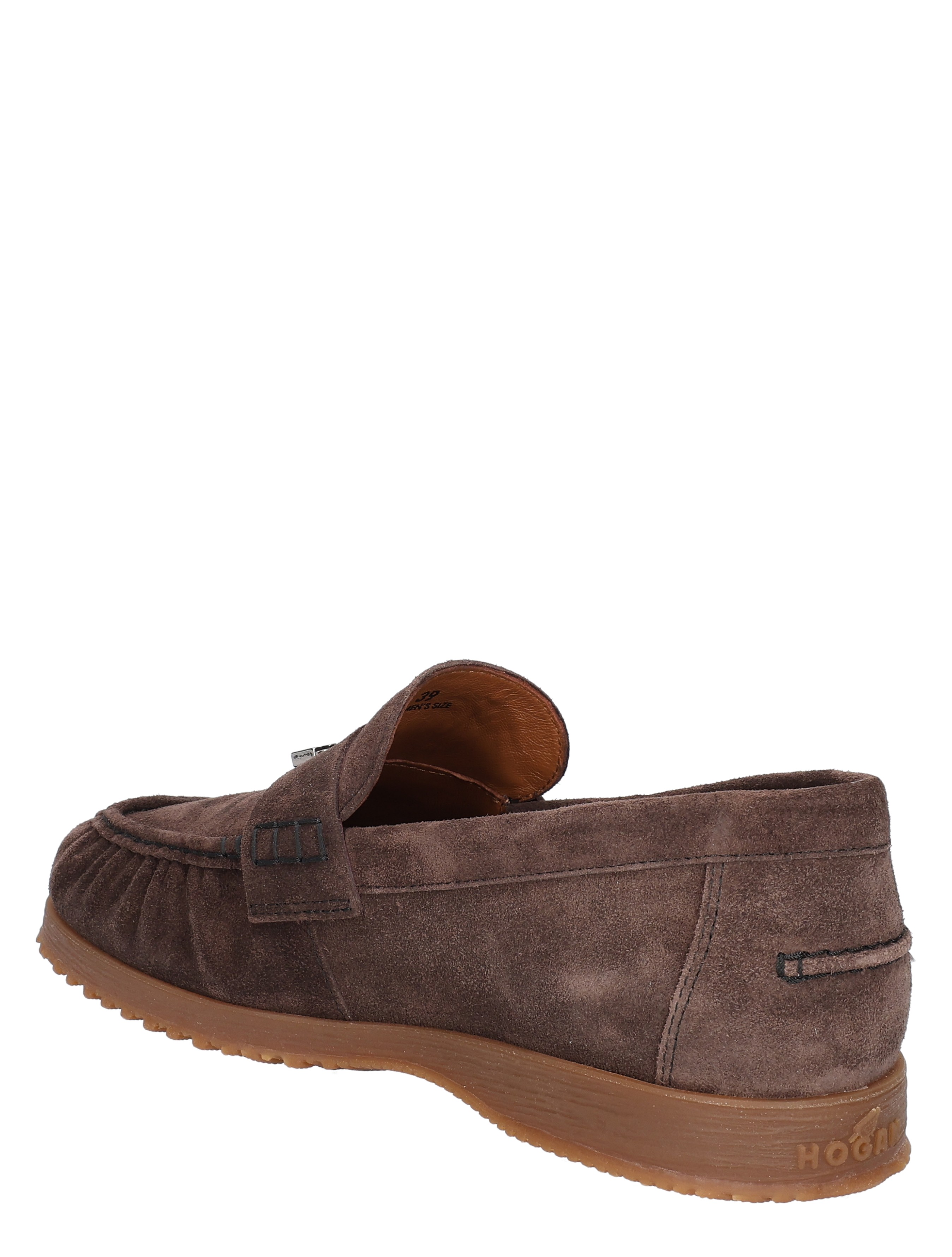 loafer, mocassin, bruine suède, gespikkelde band, rubber zool