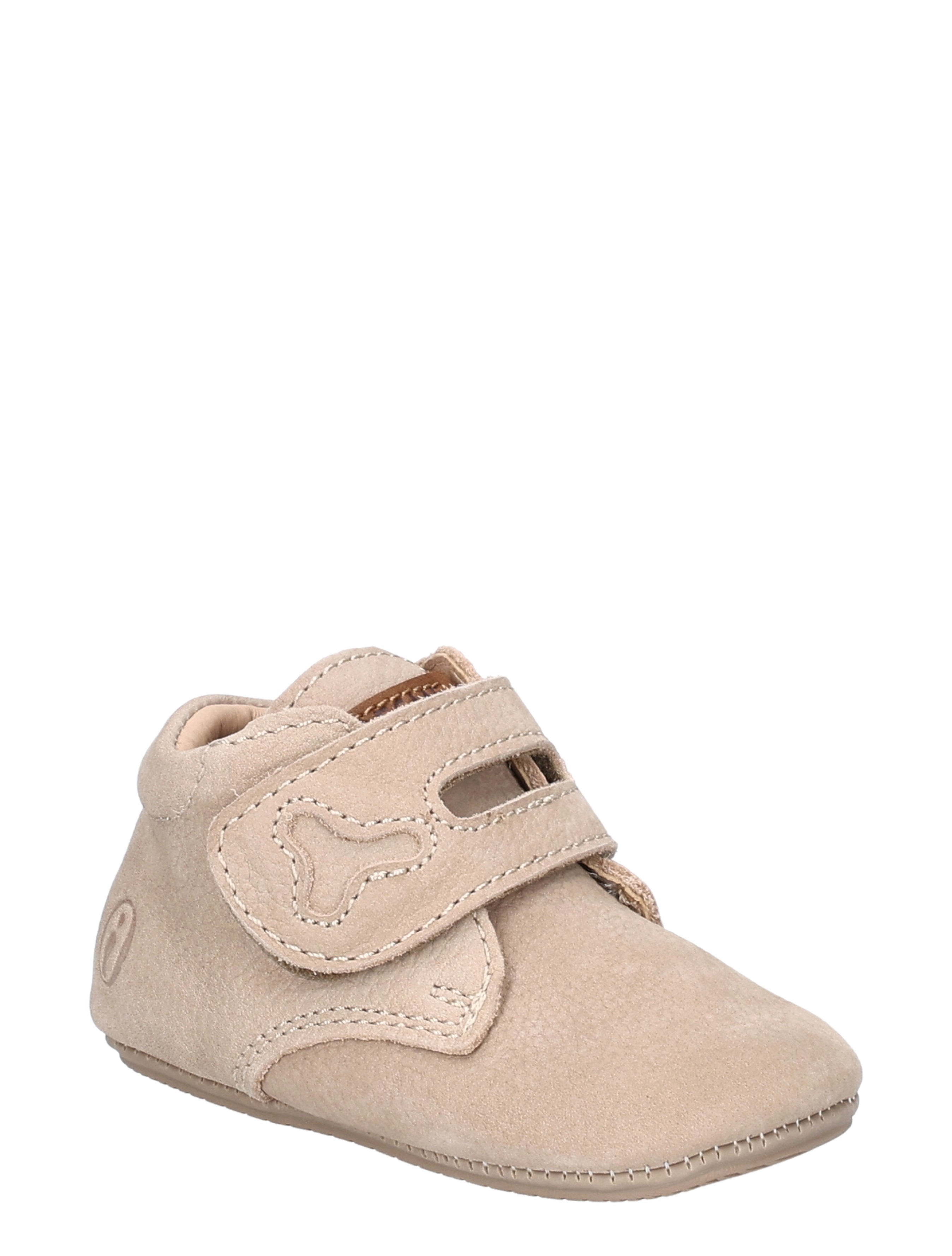 baby sneaker, tan suede, velcro strap, soft sole, stitching details