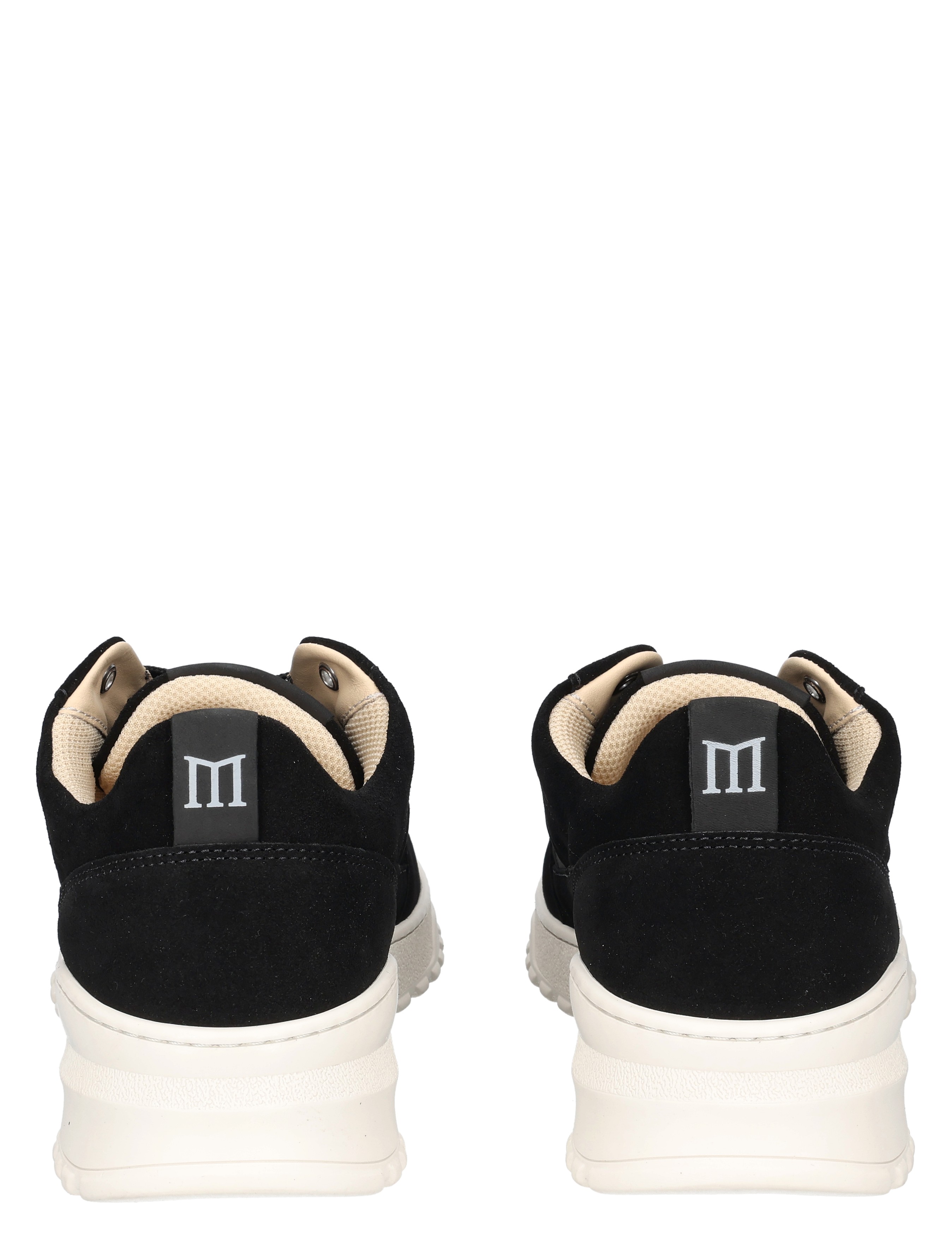 sneakers, zwart, suede, witte zool, rug zicht