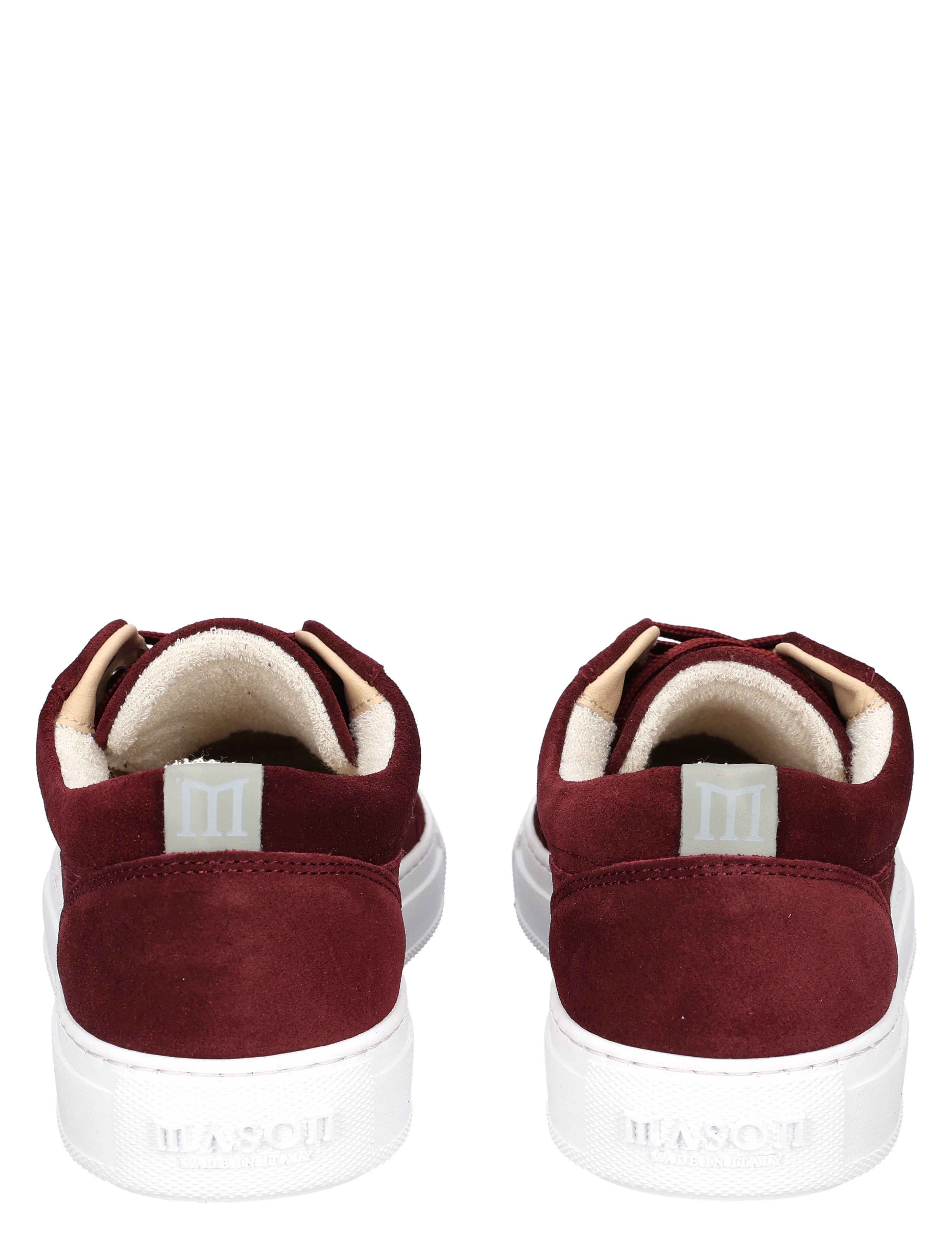 sneakers, burgundy, suede, white sole, back view