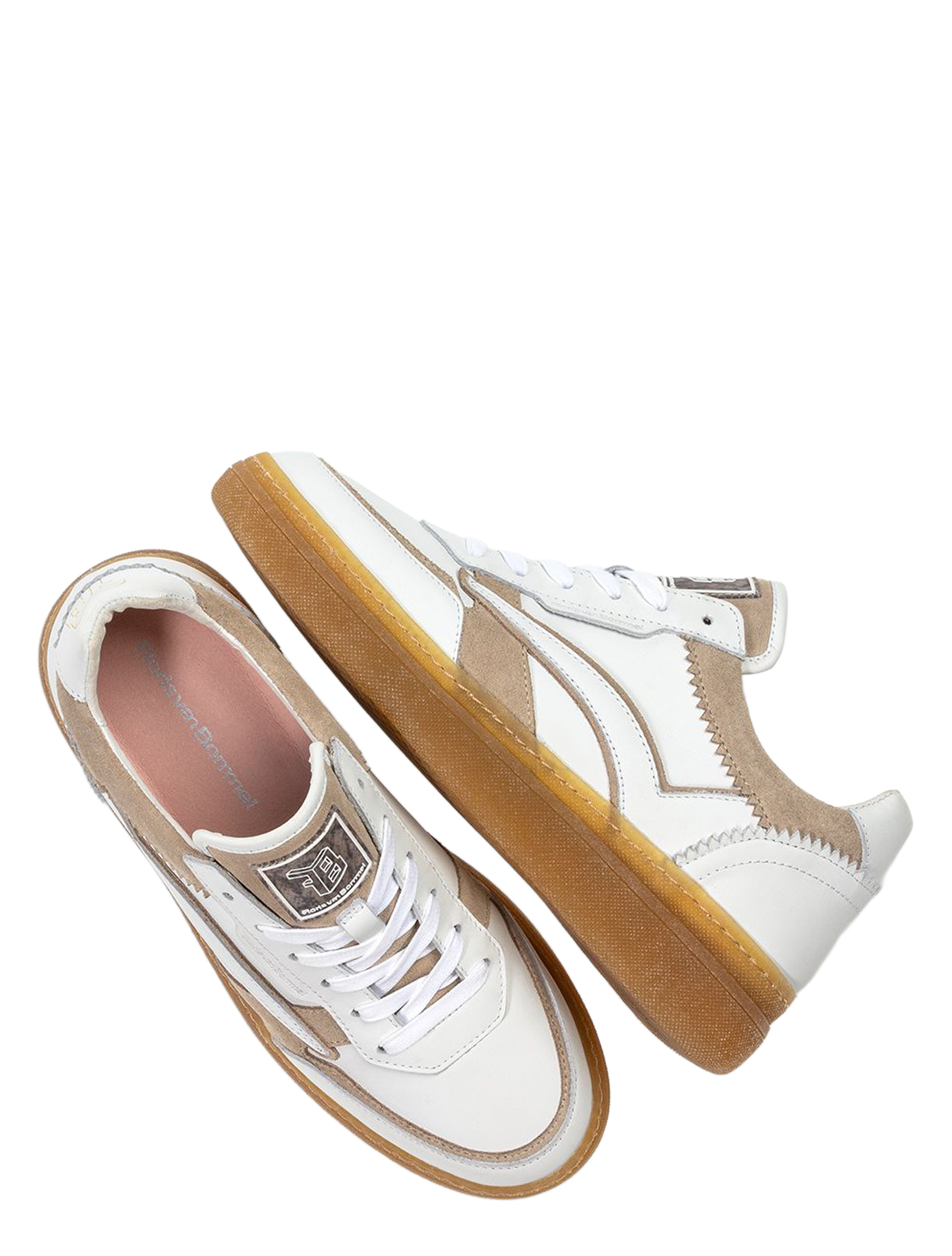 sneakers, wit, camel, laag-sole, leren