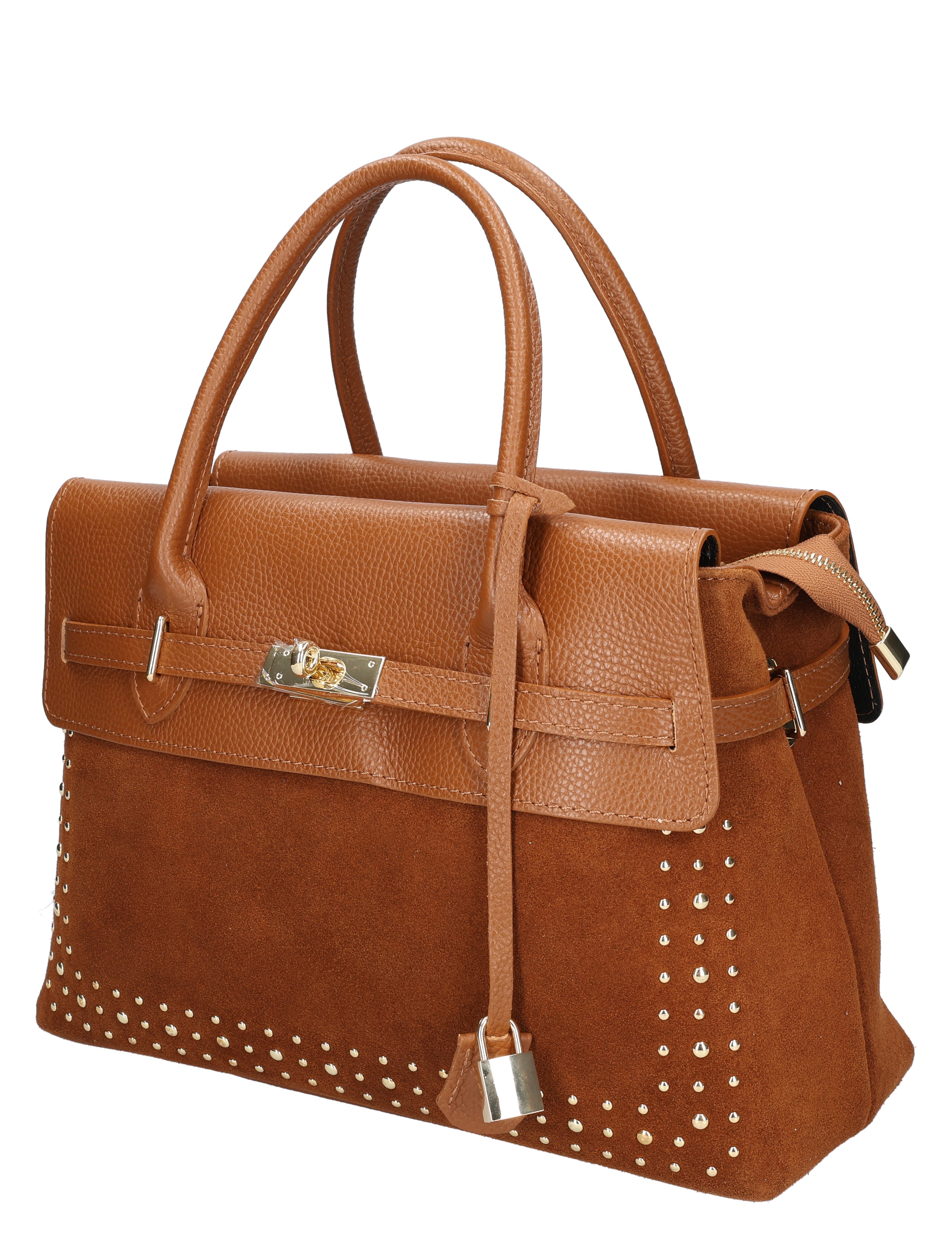 handtas, leren tas, bruin, spijkers decor, metallic sluiting