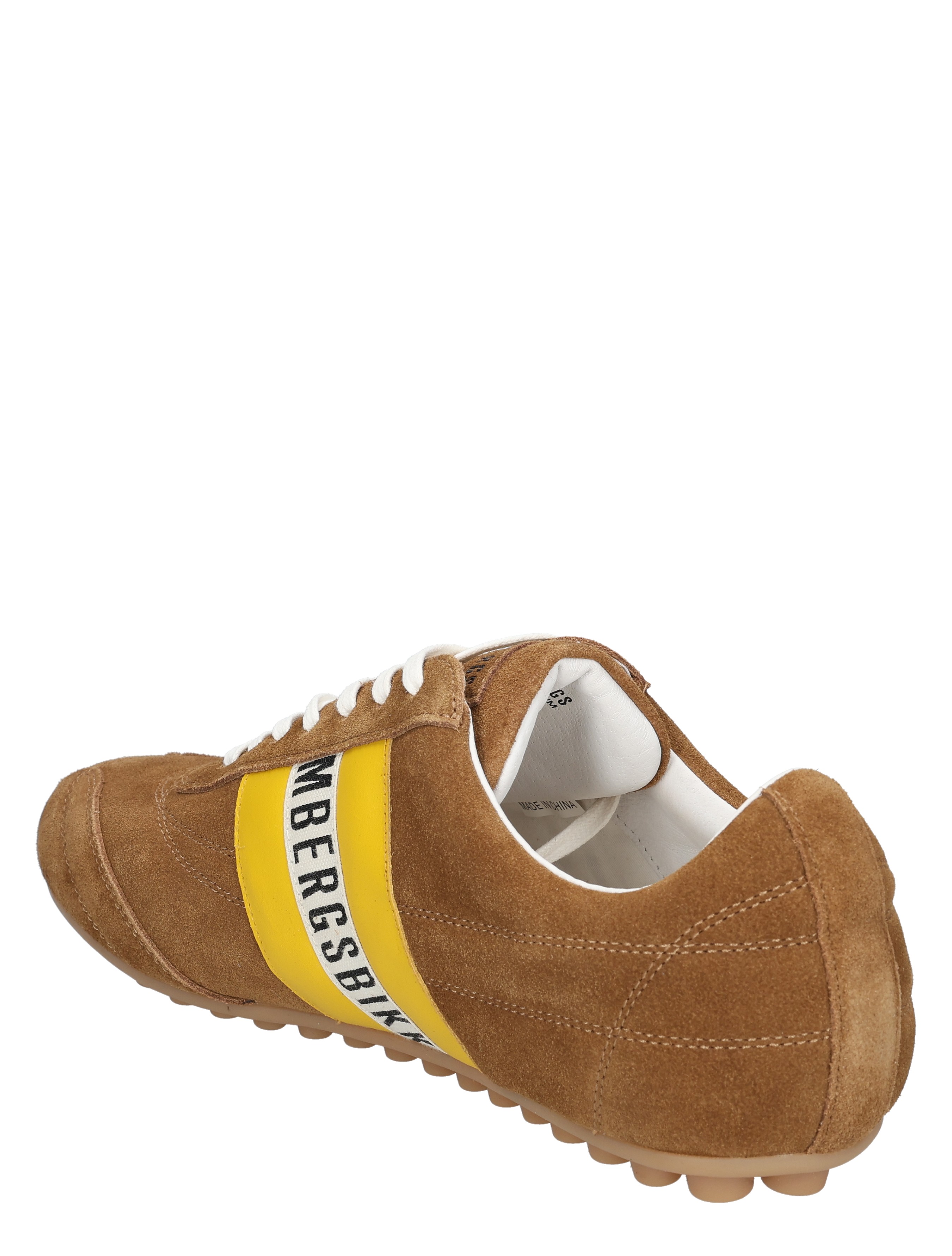 sneaker, suede, bruin, gele band, casual schoen