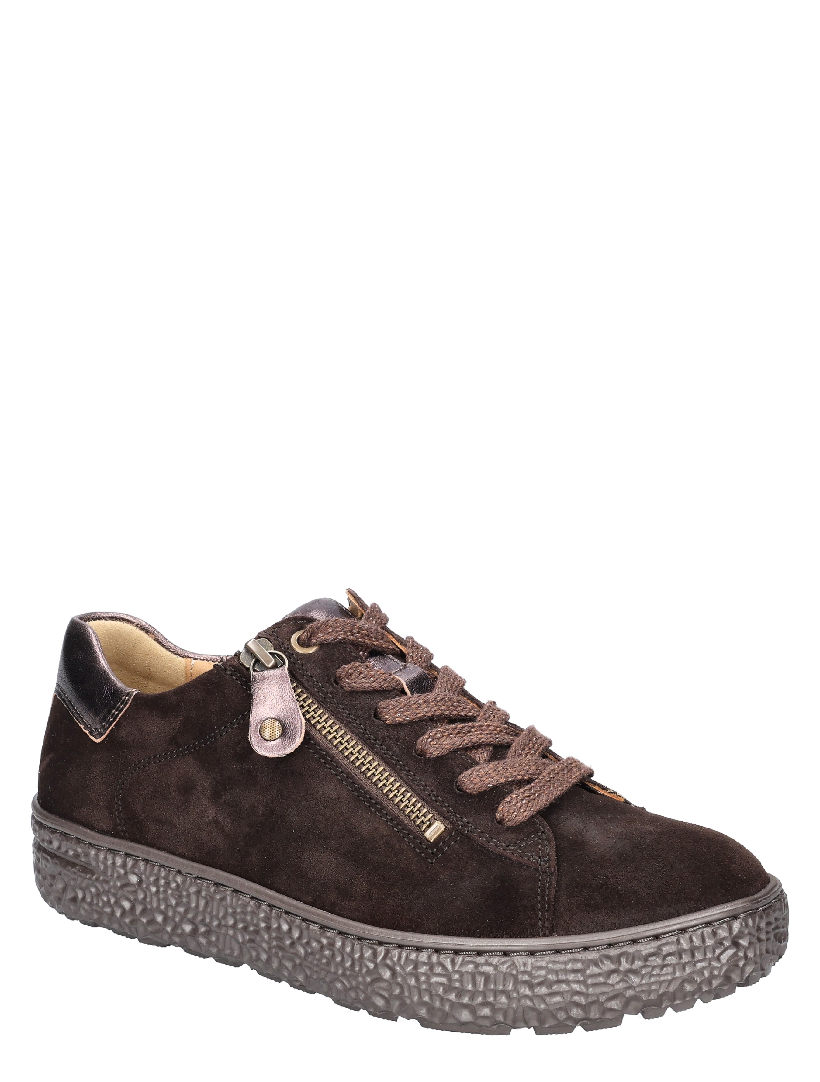 bruine sneaker, suede, veters, rits, enkelhoge platform