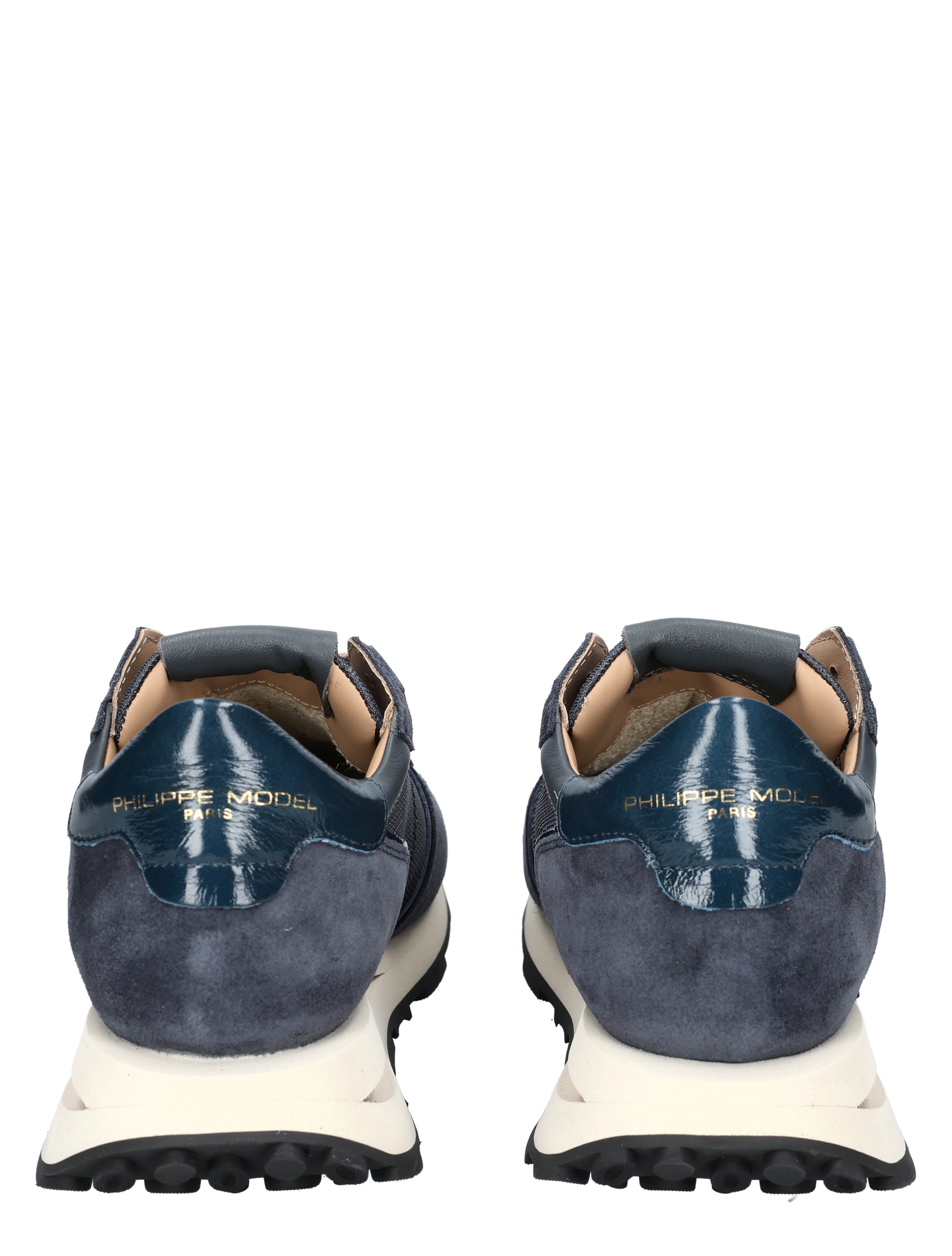 sneakers, bluish, suede, ribbed sole, back view