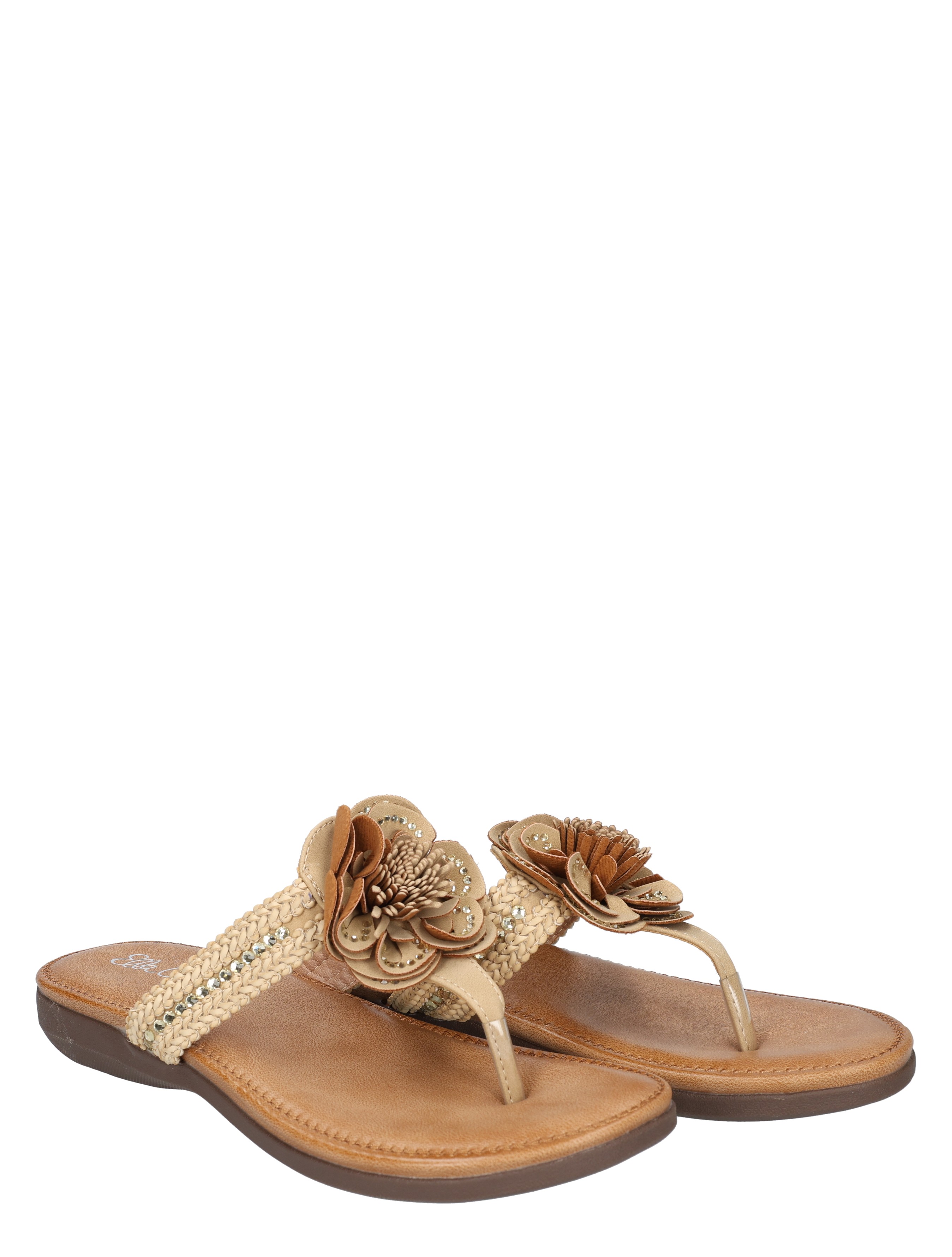 sandalen, beige, bandjes, bloemdecoratie, slip-ons