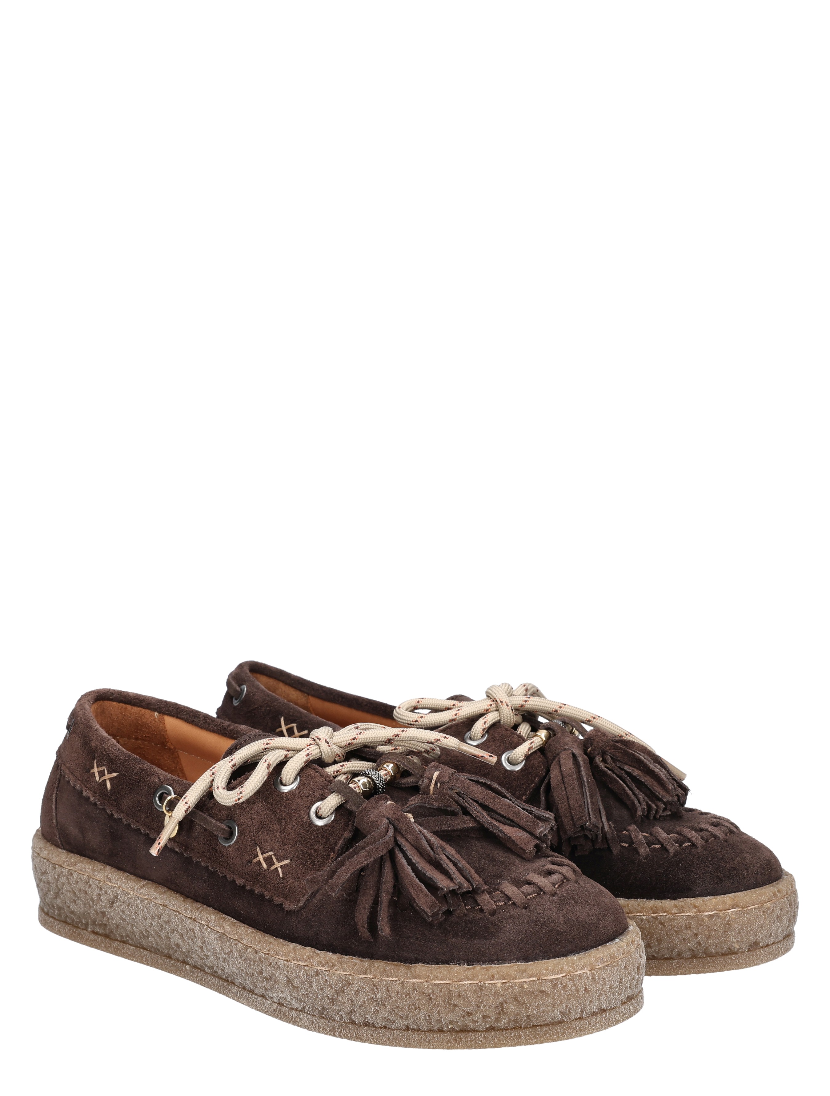 suede, brown, fringe, crepe sole, lace-up
