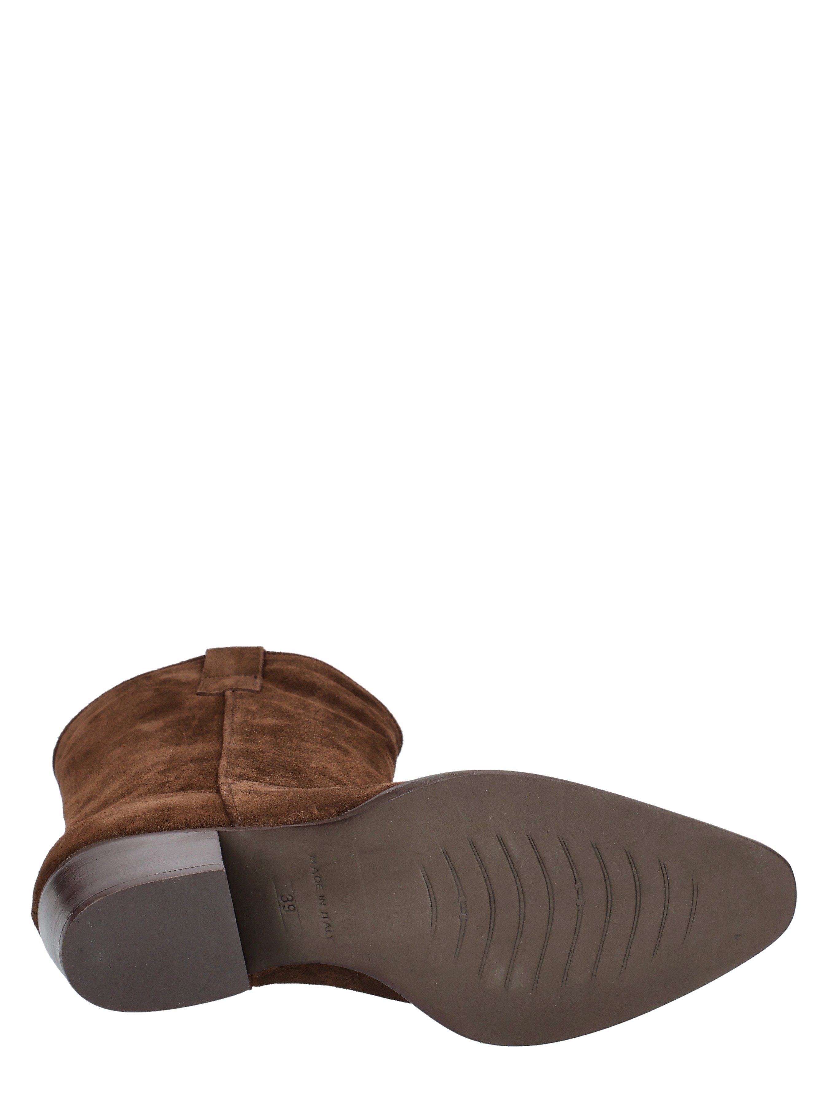 bruine suede laars, haktoog, lakte, laag hak, zool met groeven