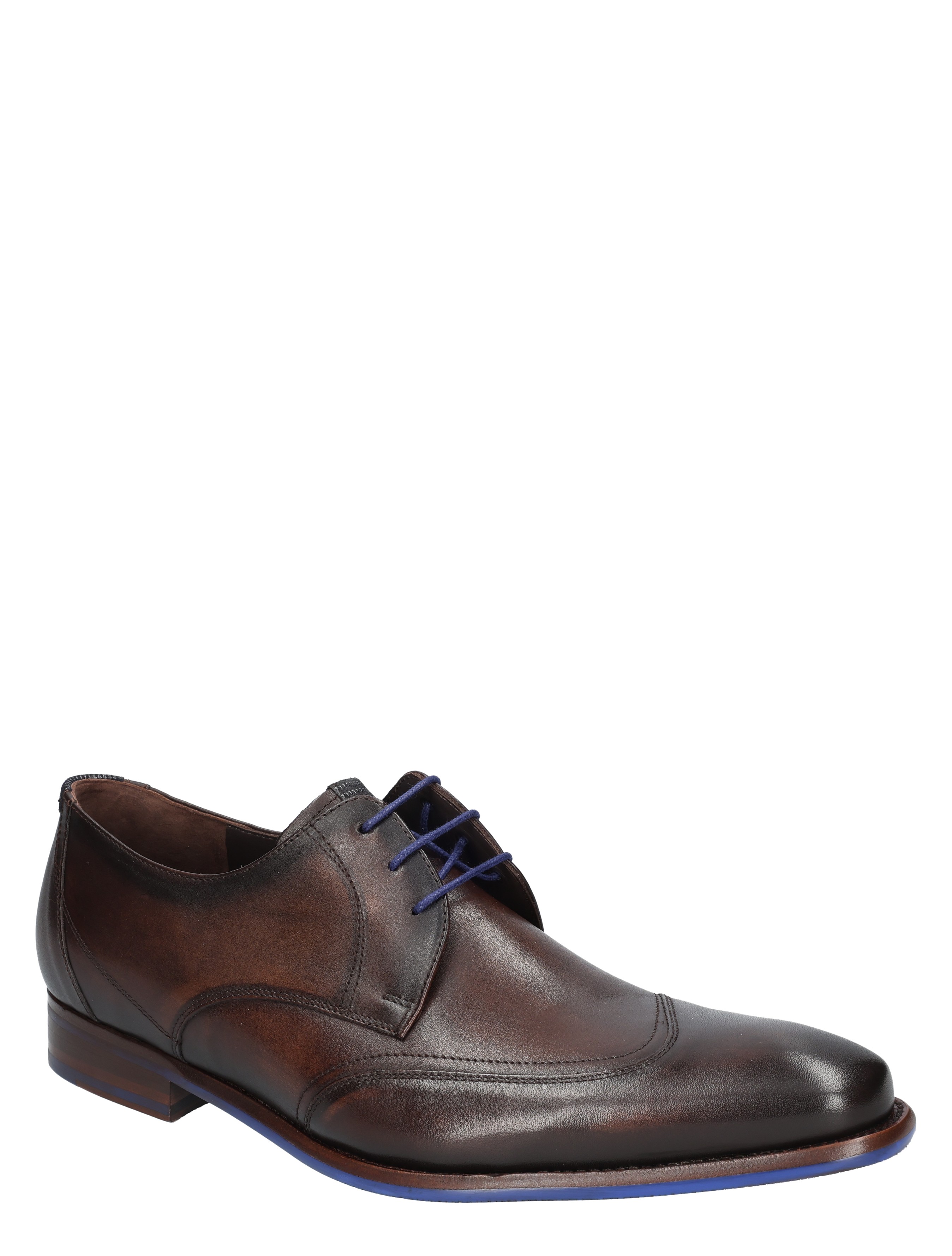 leder, bruine schoen, derby, veterschoen, blauwe zool