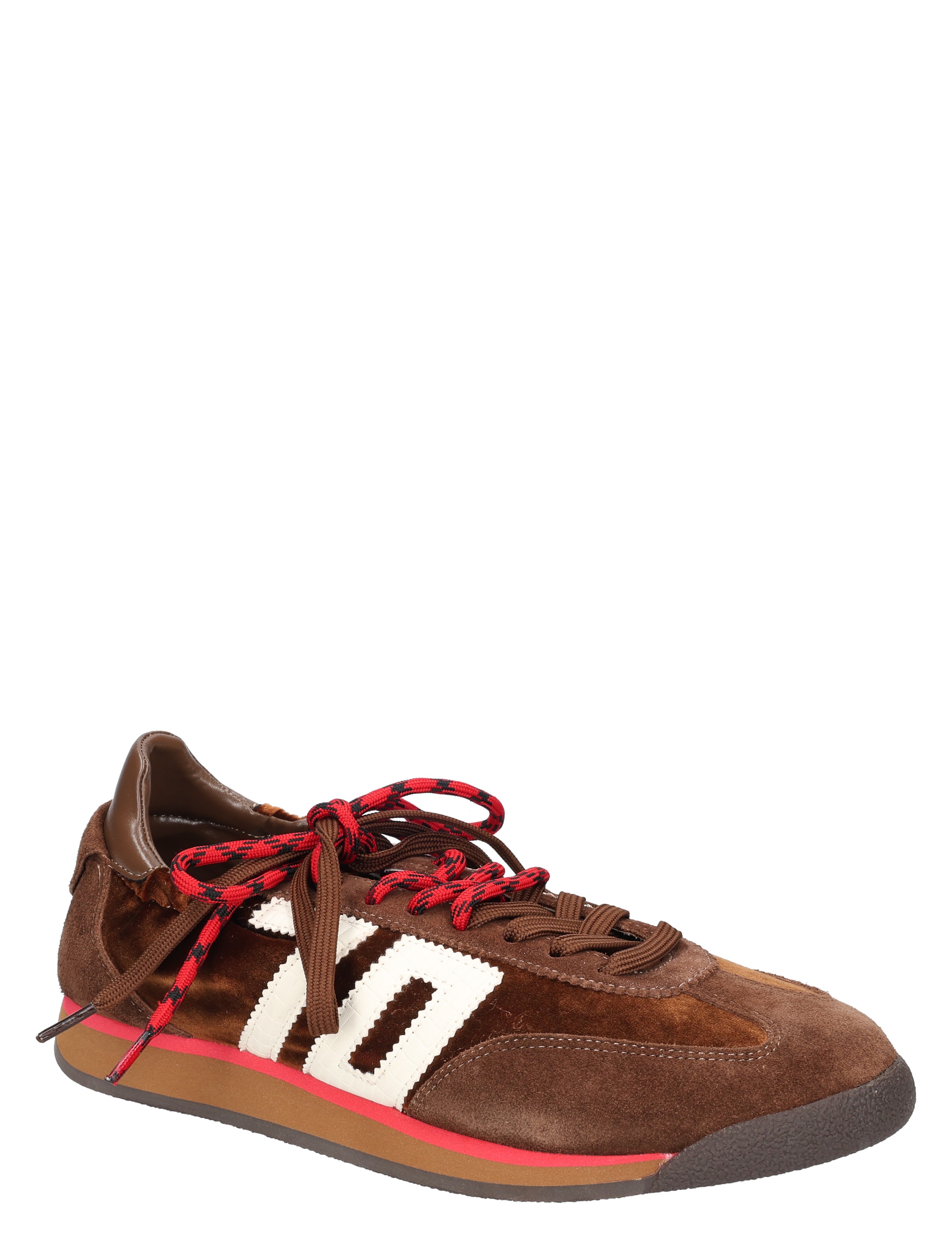 sneaker, leder, bruin, witte lijnen, veters