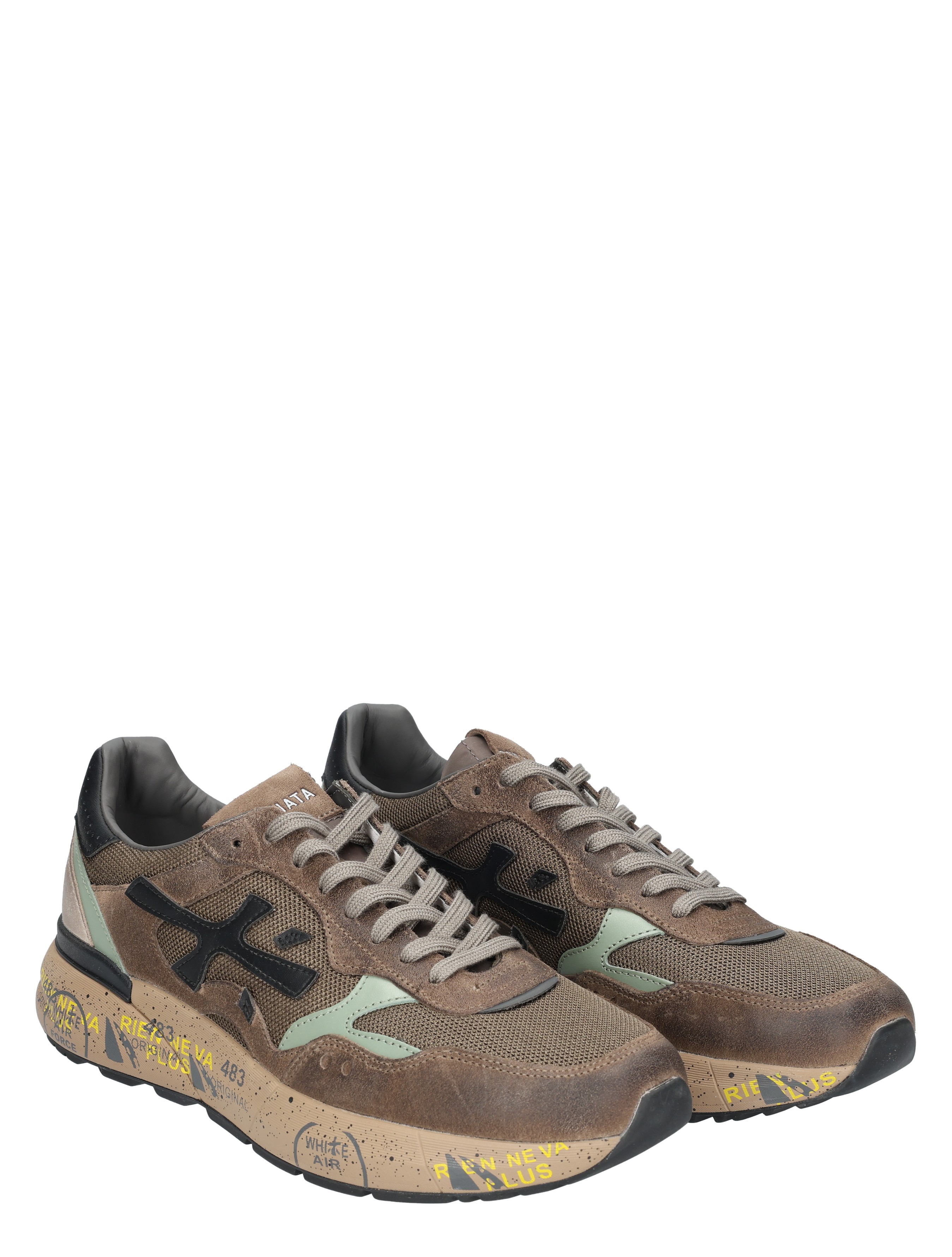sportschoenen, grijs-bruin, mesh en leer, veter schoenen, rubberzool