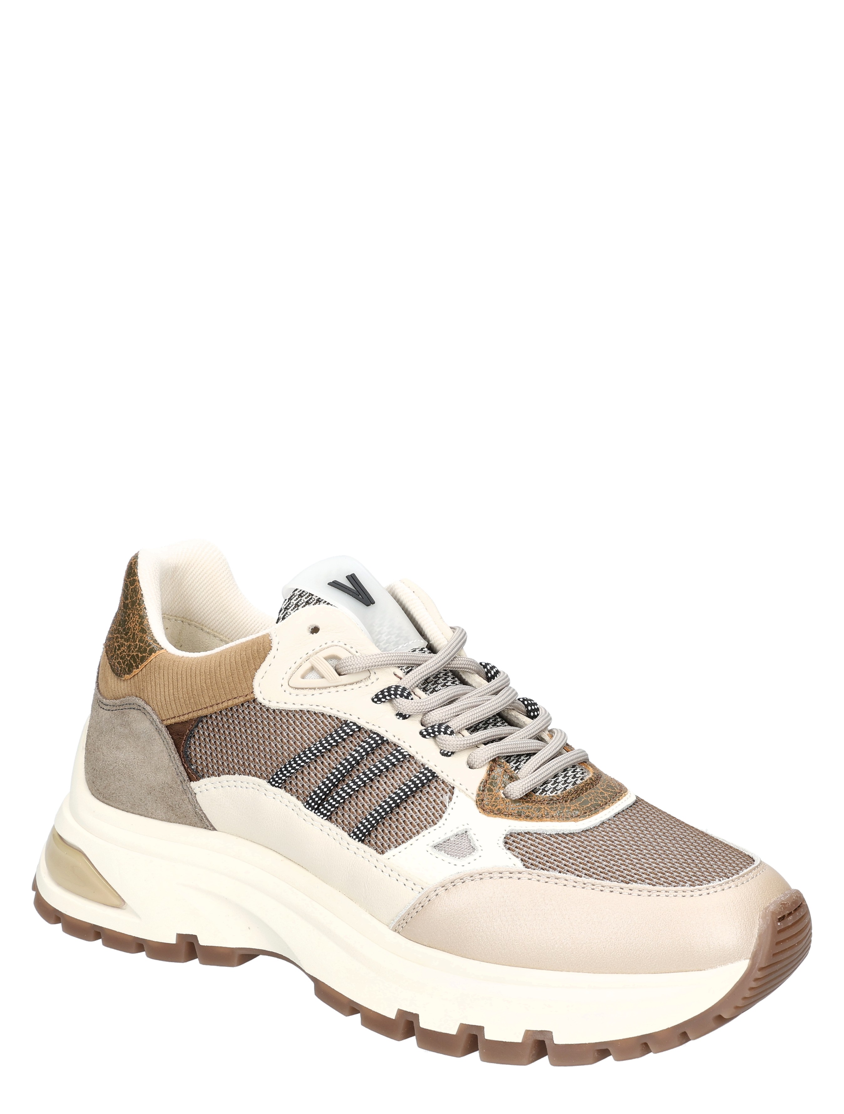 sneaker, leder, mesh, kaki, sneaker-met-wit-zwart-detailen