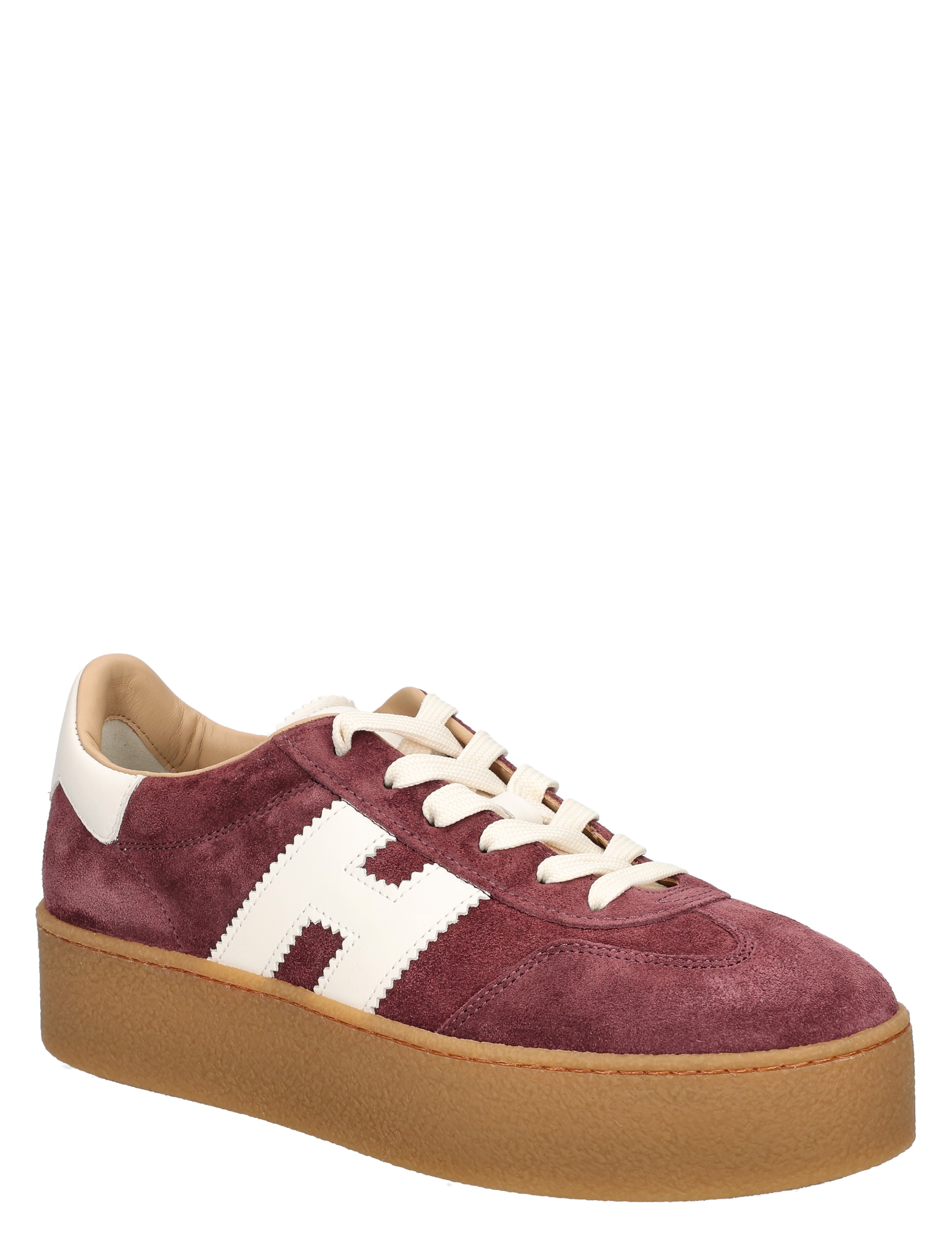 sneaker, suede, maroon, gum sole, white side logo
