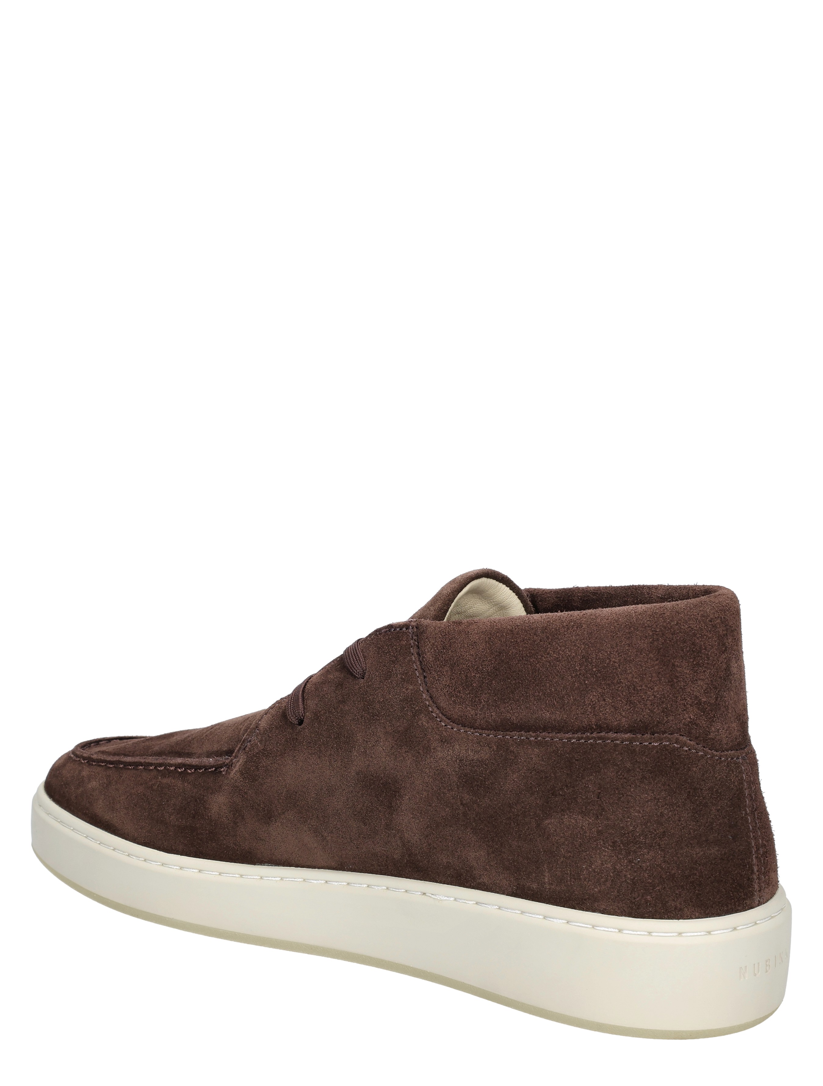 suede, bruine sneaker, hoge enkel, witte zool, lacemodel