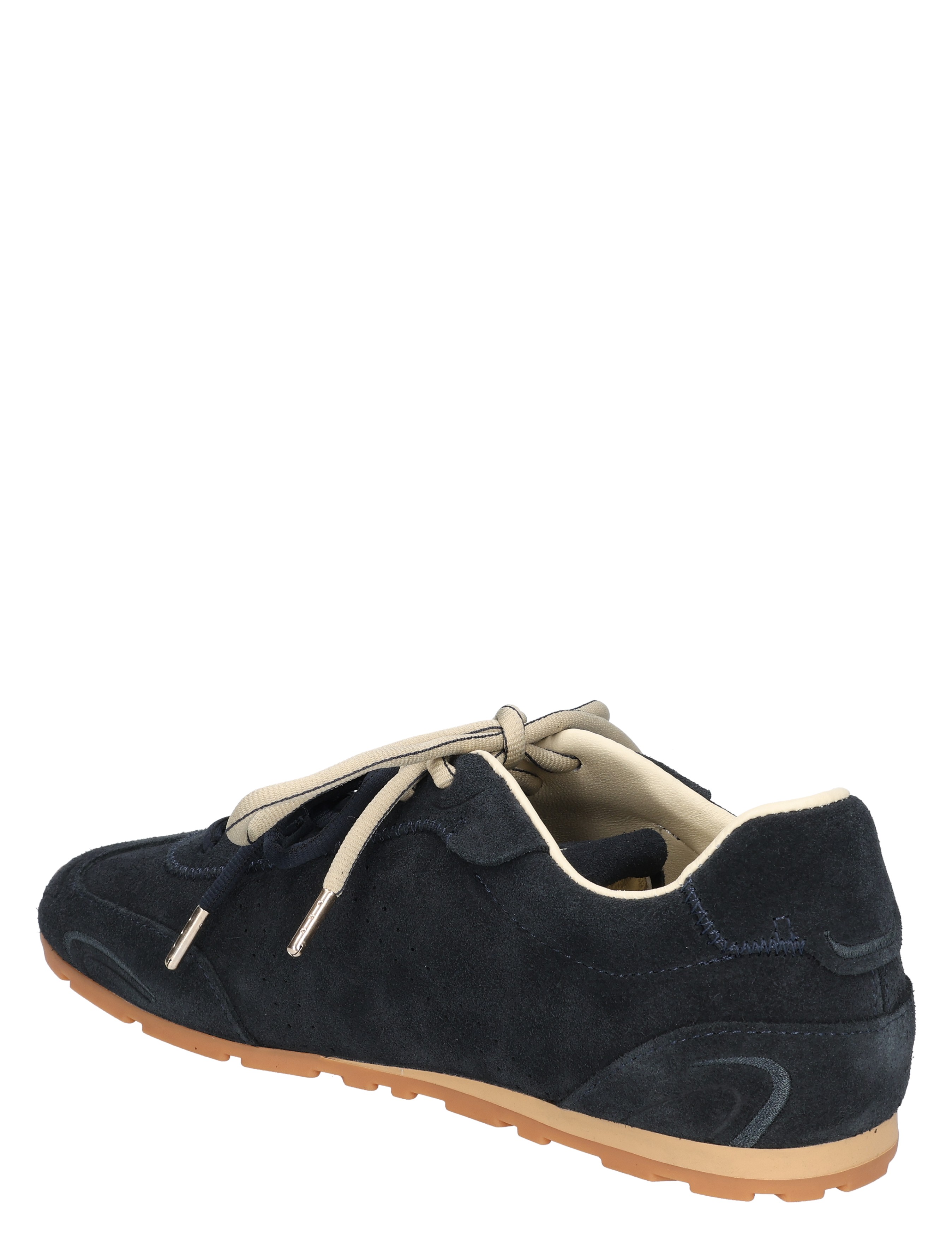 sneaker, suede, donkerblauw, loper, witte veters