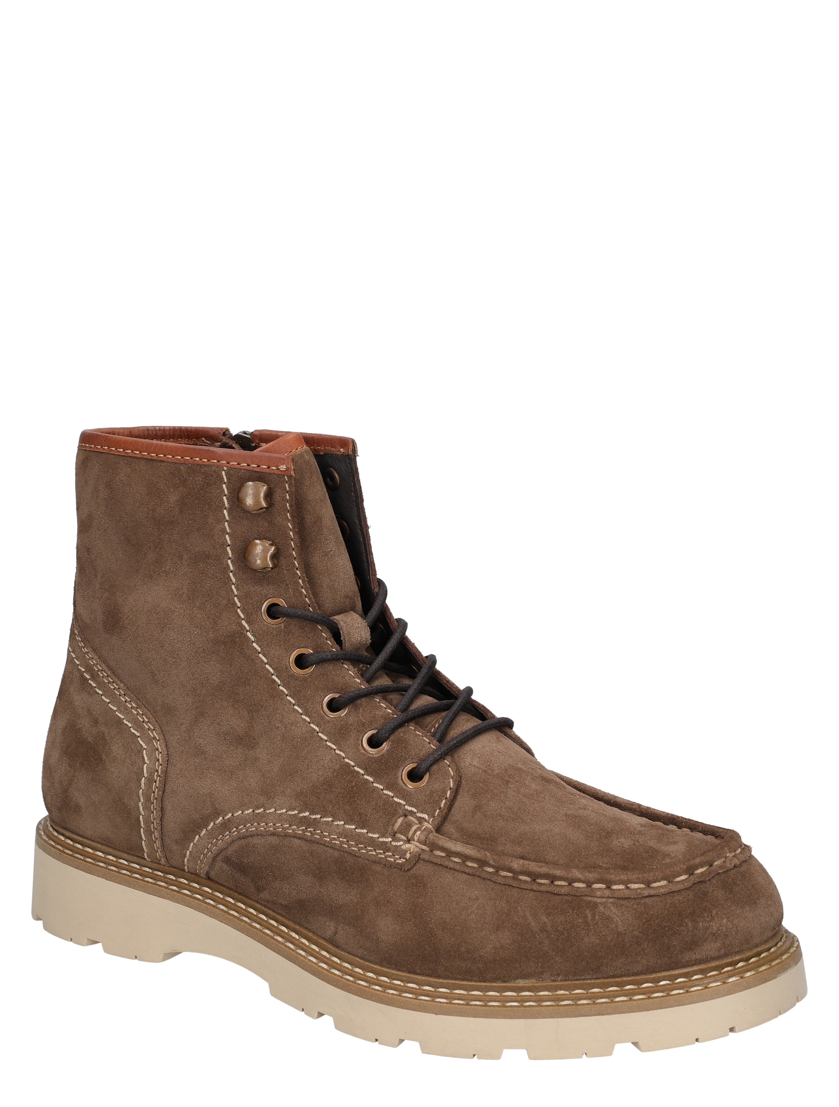 laars, bruine suede, hoge boot, vlechtzool, mentaal contrast