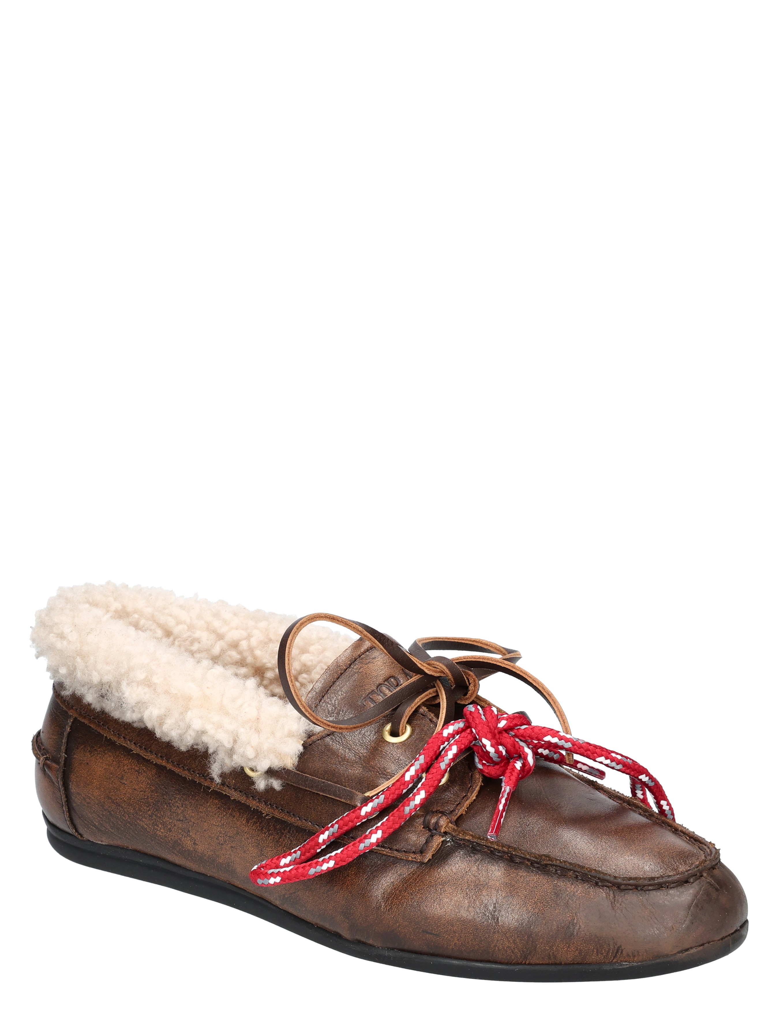 luxe slipper, brown leather, shearling lining, red lace, moccasin