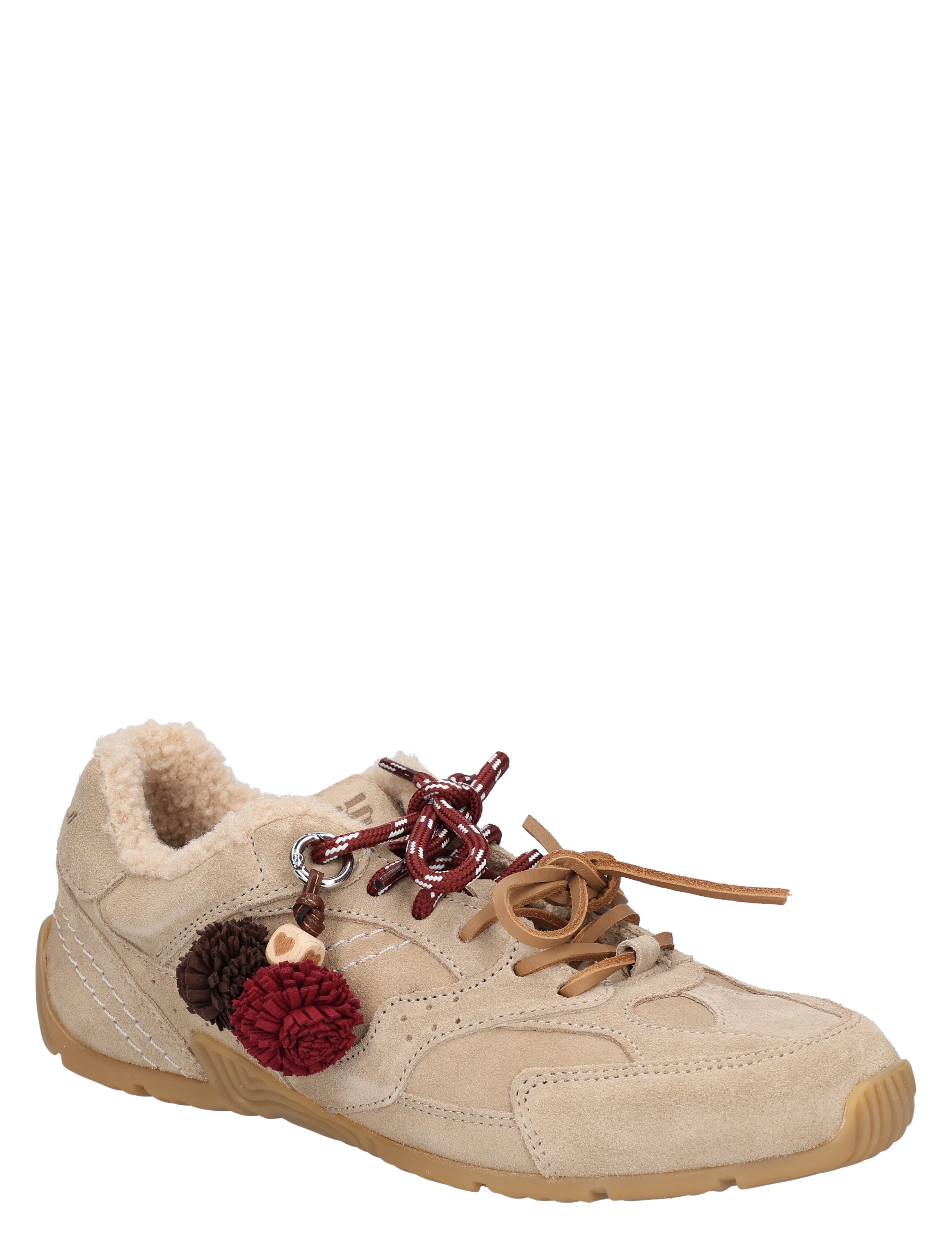 sneaker, donker beige, suède, bontjes, vachtvoering
