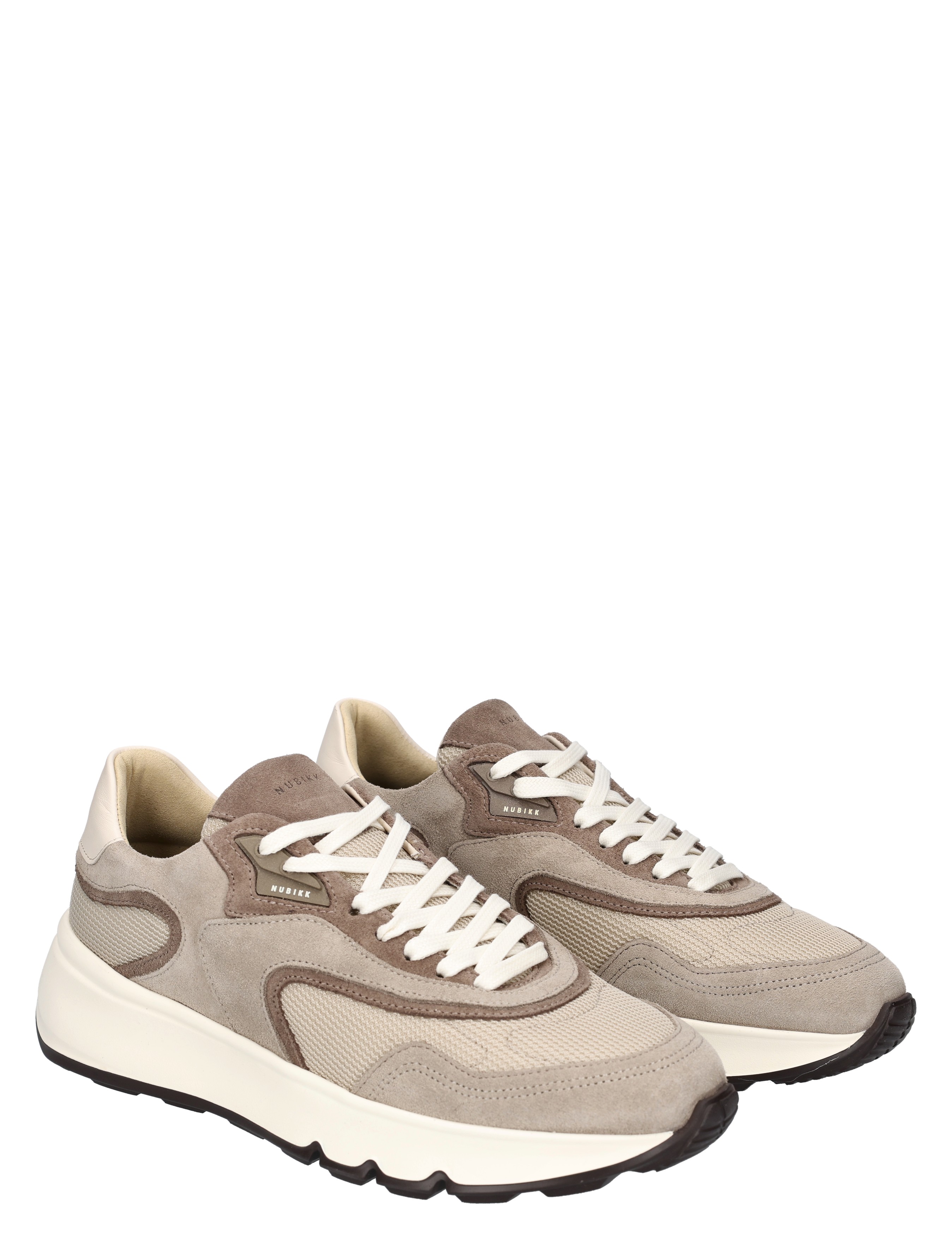 sneakers, taupe, suede, mesh, witte veters