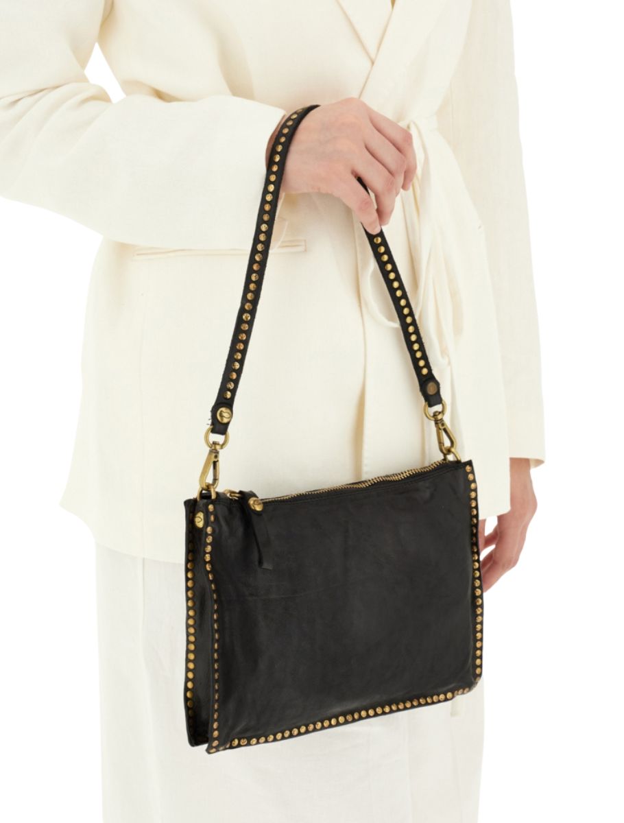 handtas, schoudertas, black bag, gouden studded, leren tas