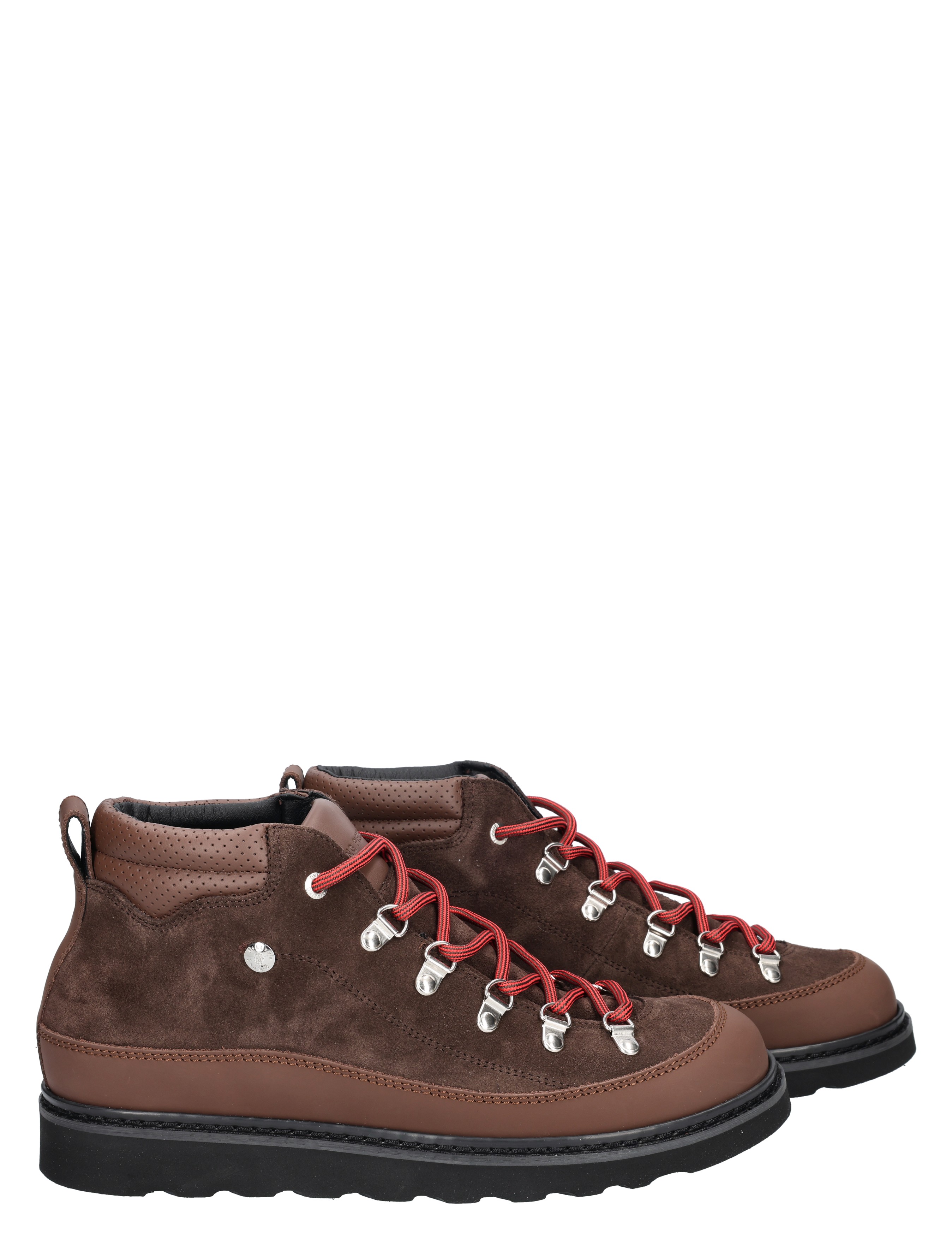 hiking boots, brown suede, red laces, lug sole, ankle height