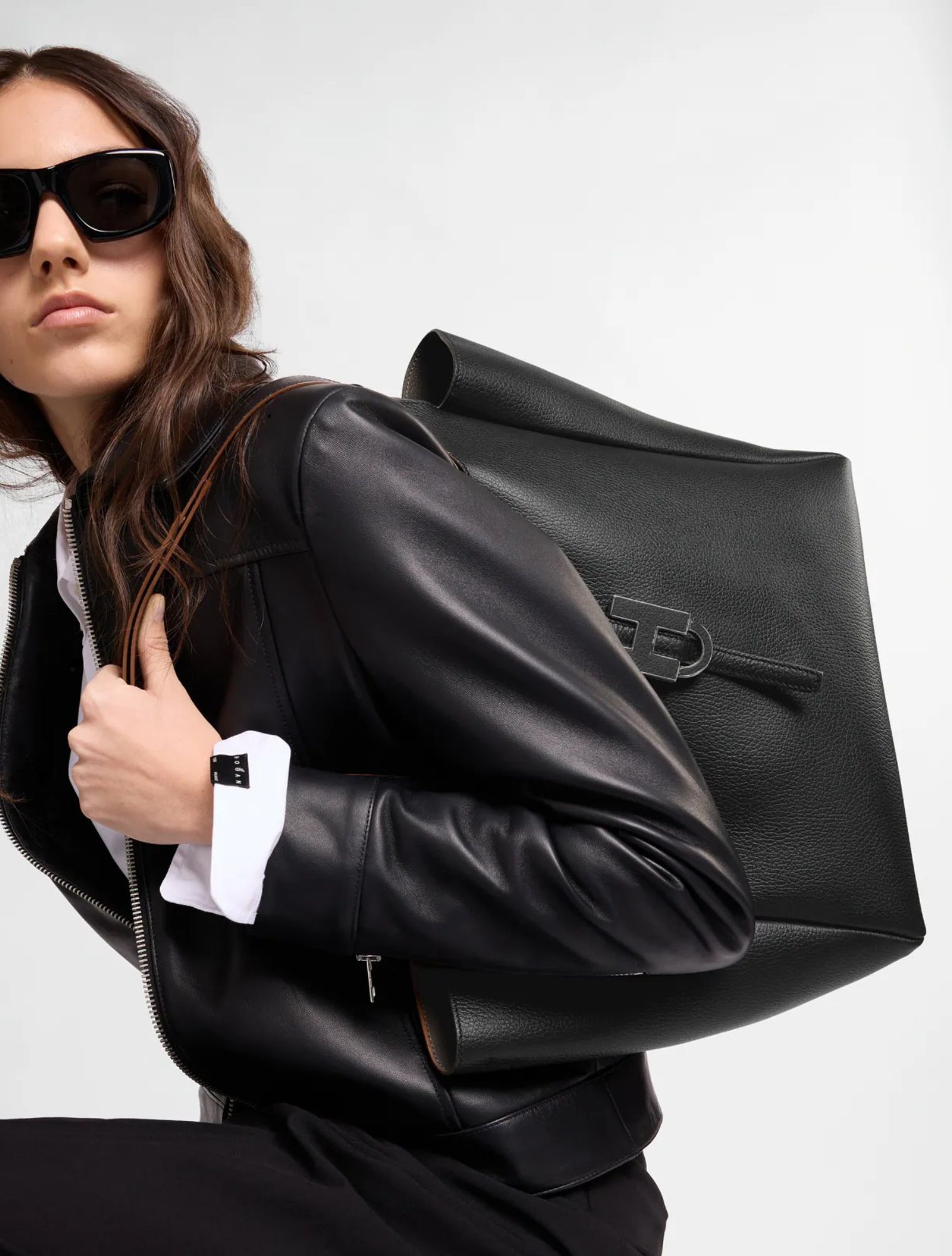 rugzak, zwart, leer, model, rugzak-sling