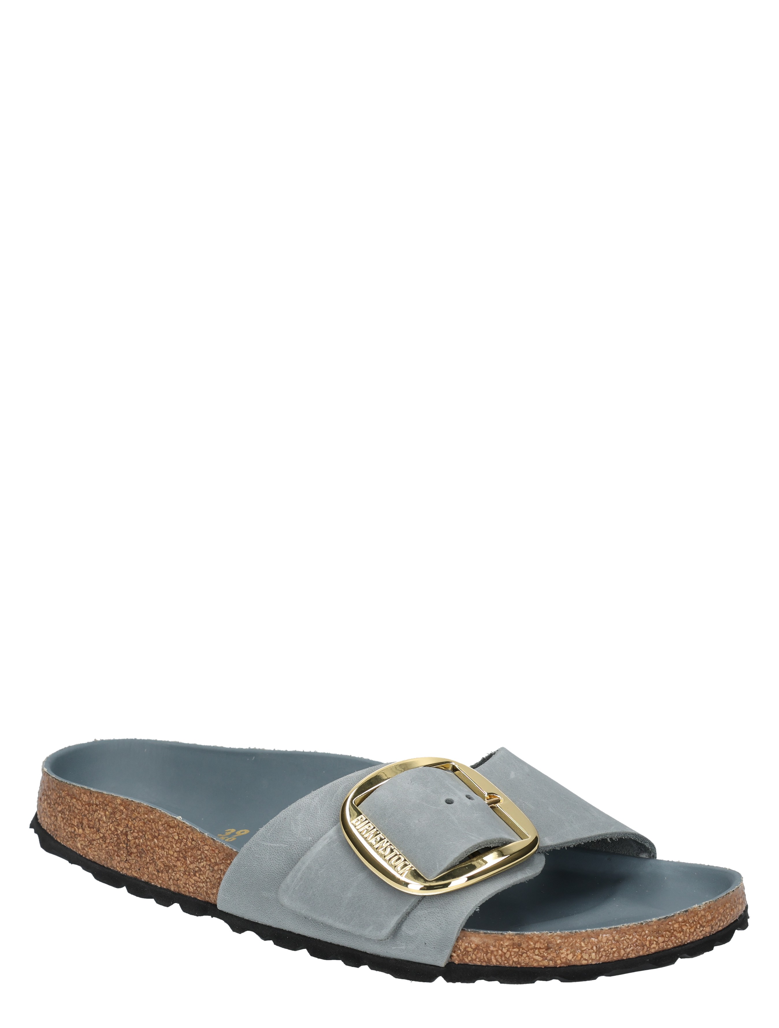 slippers, sliders, open-toe, gold buckle, gray suede