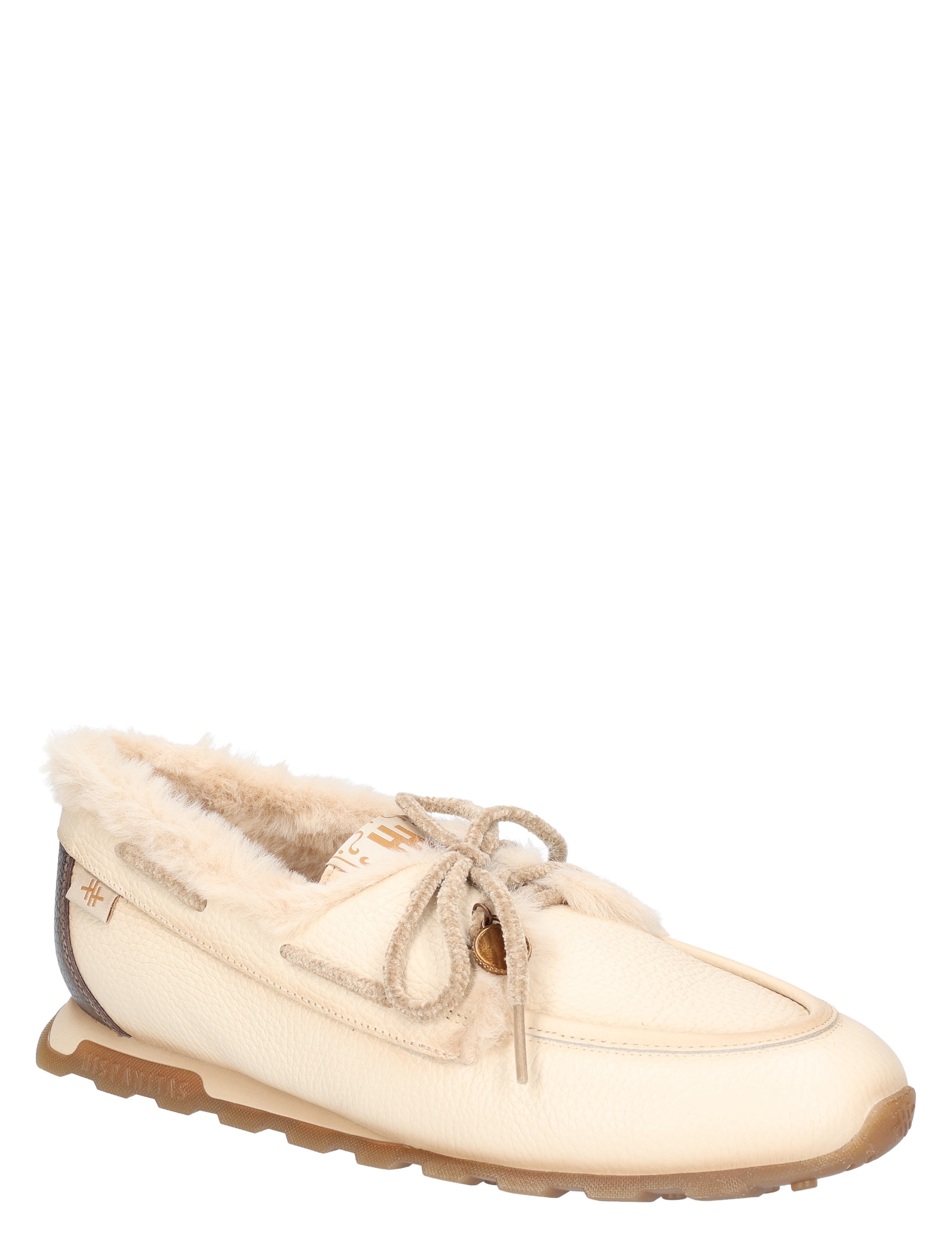 stijlvolle mocassin, luxe slipper, faux fur lining, beige color, leren buitenzijde