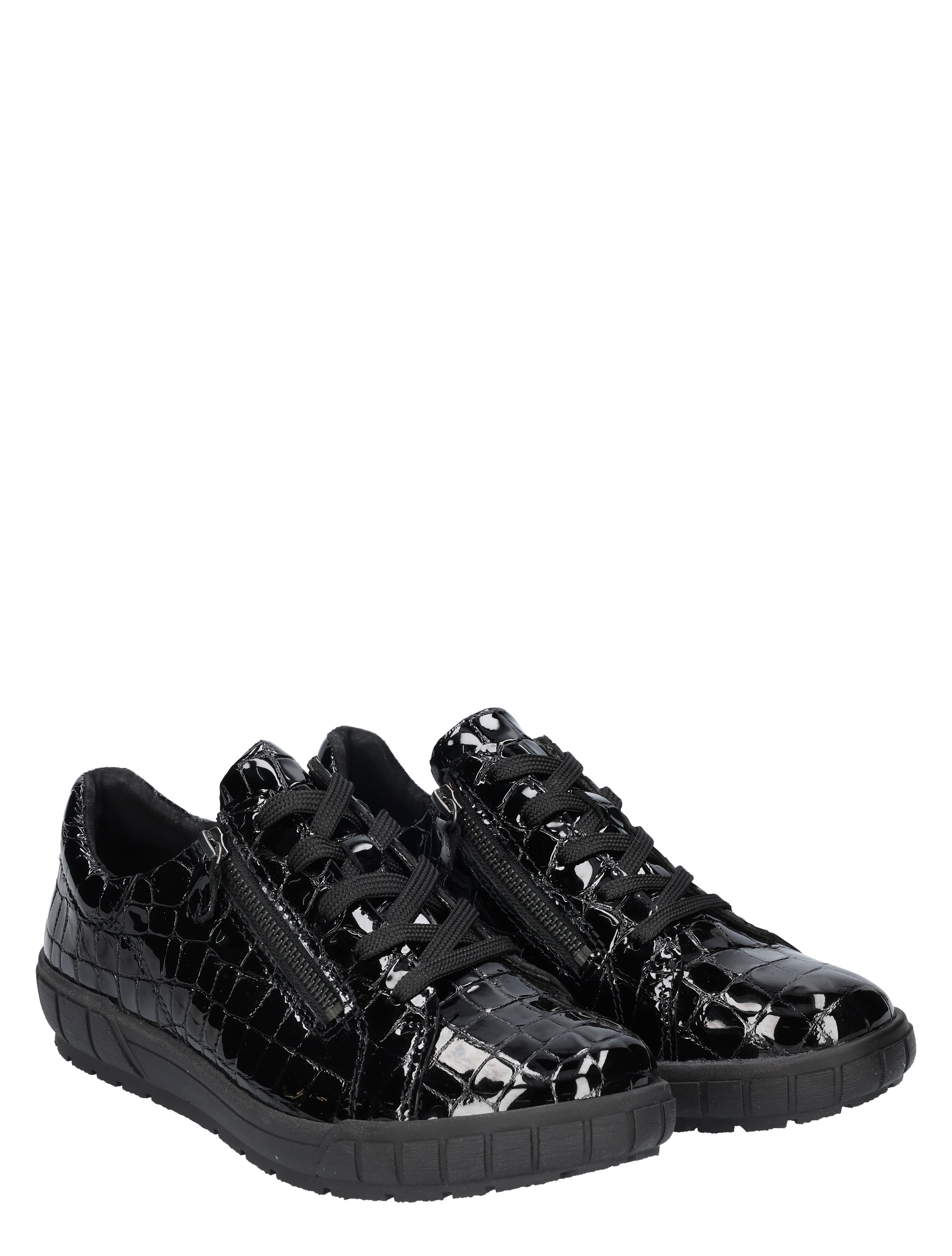 sneakers, zwart leer, crocodile patroon, veters, ritssluiting