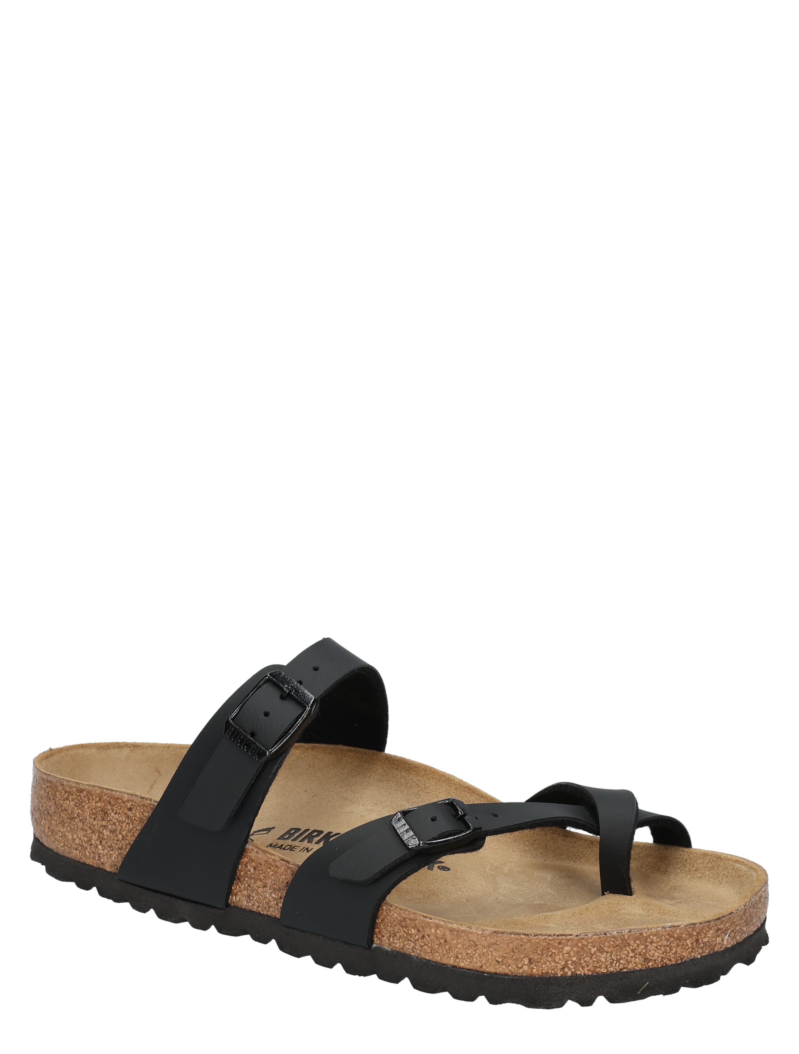 sandal, zwart, twee-strap, kurkzool, tenenband