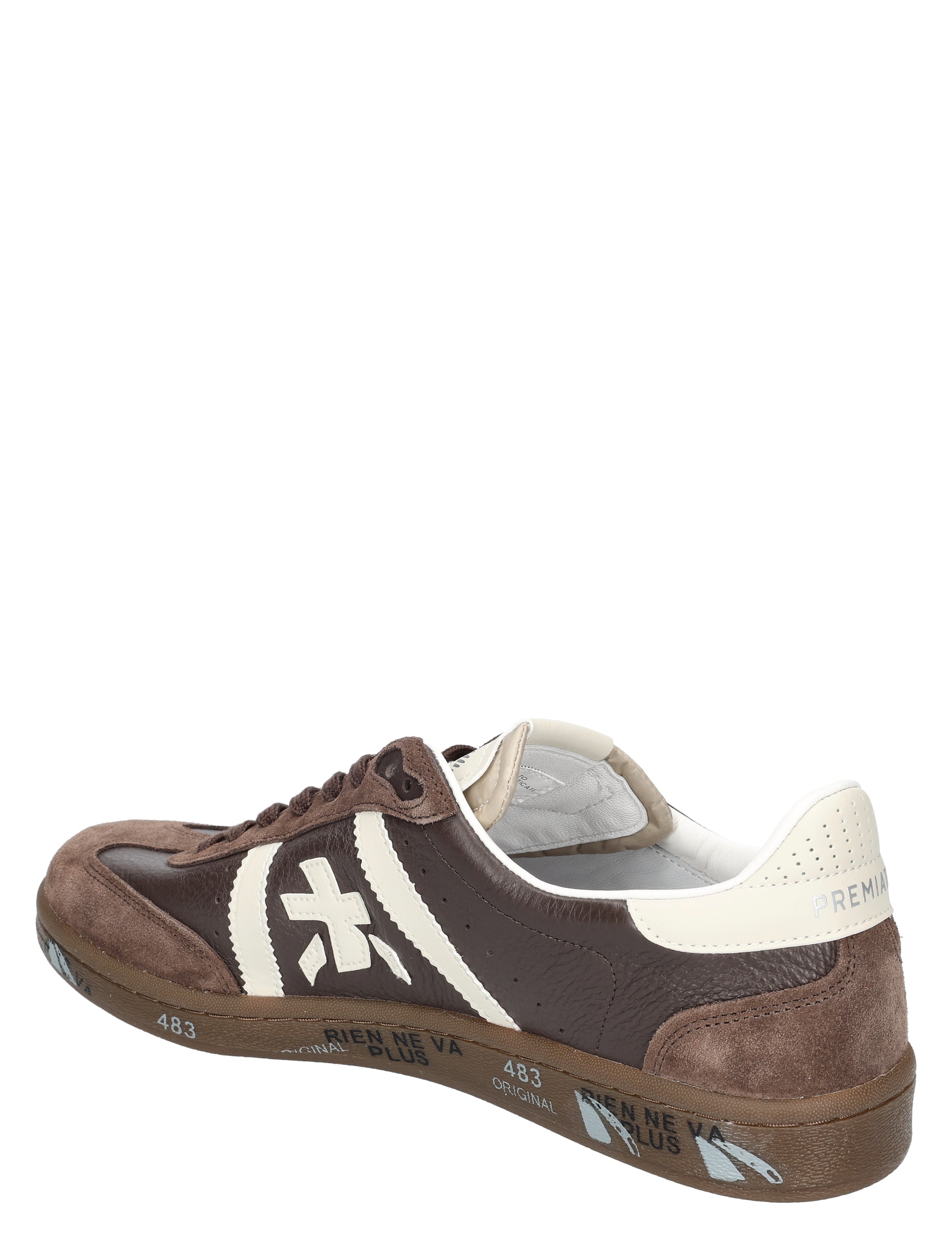sneaker, bruin, witte band, suede, laag profiel