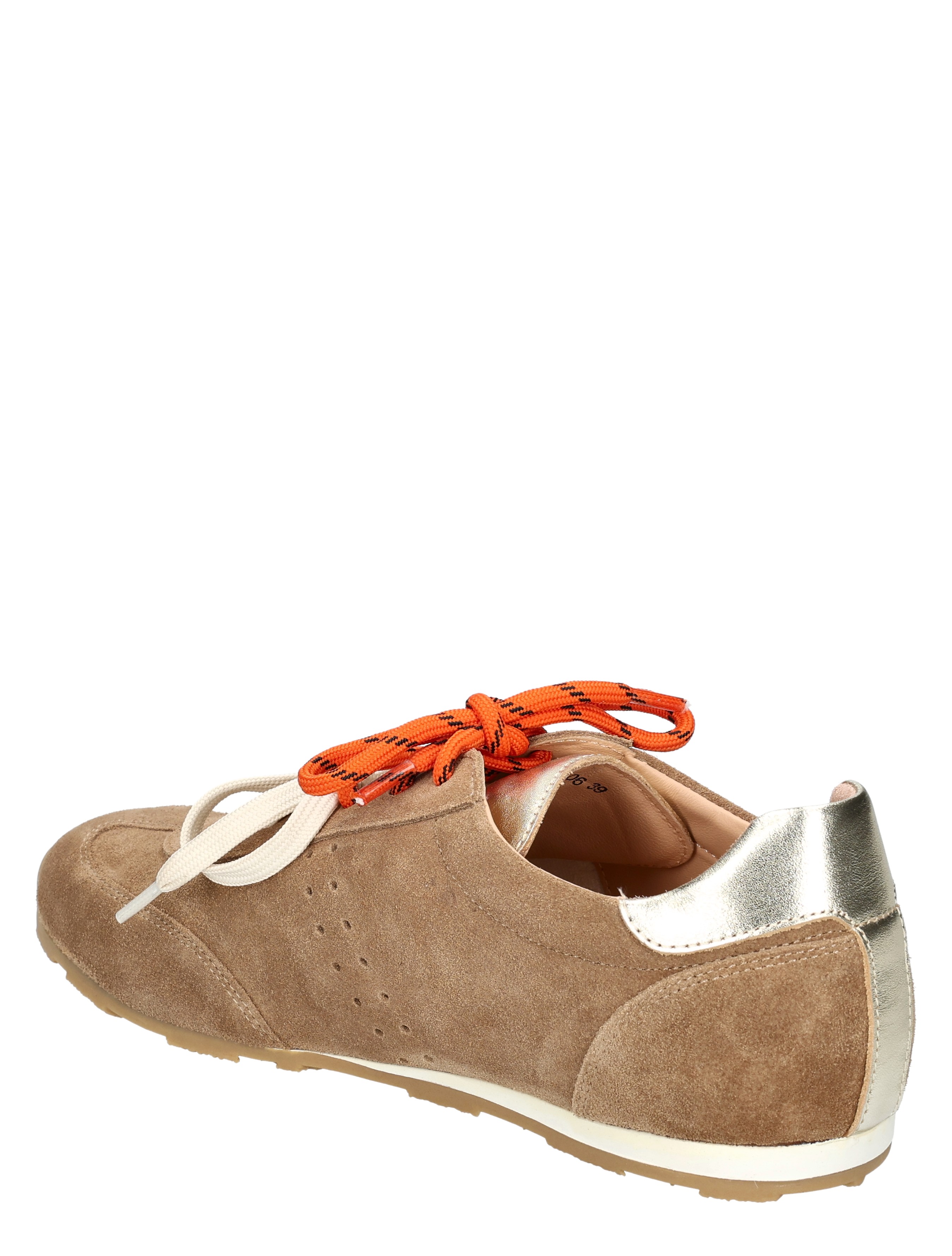 suede, sneaker, beige, orange laces, metallic heel
