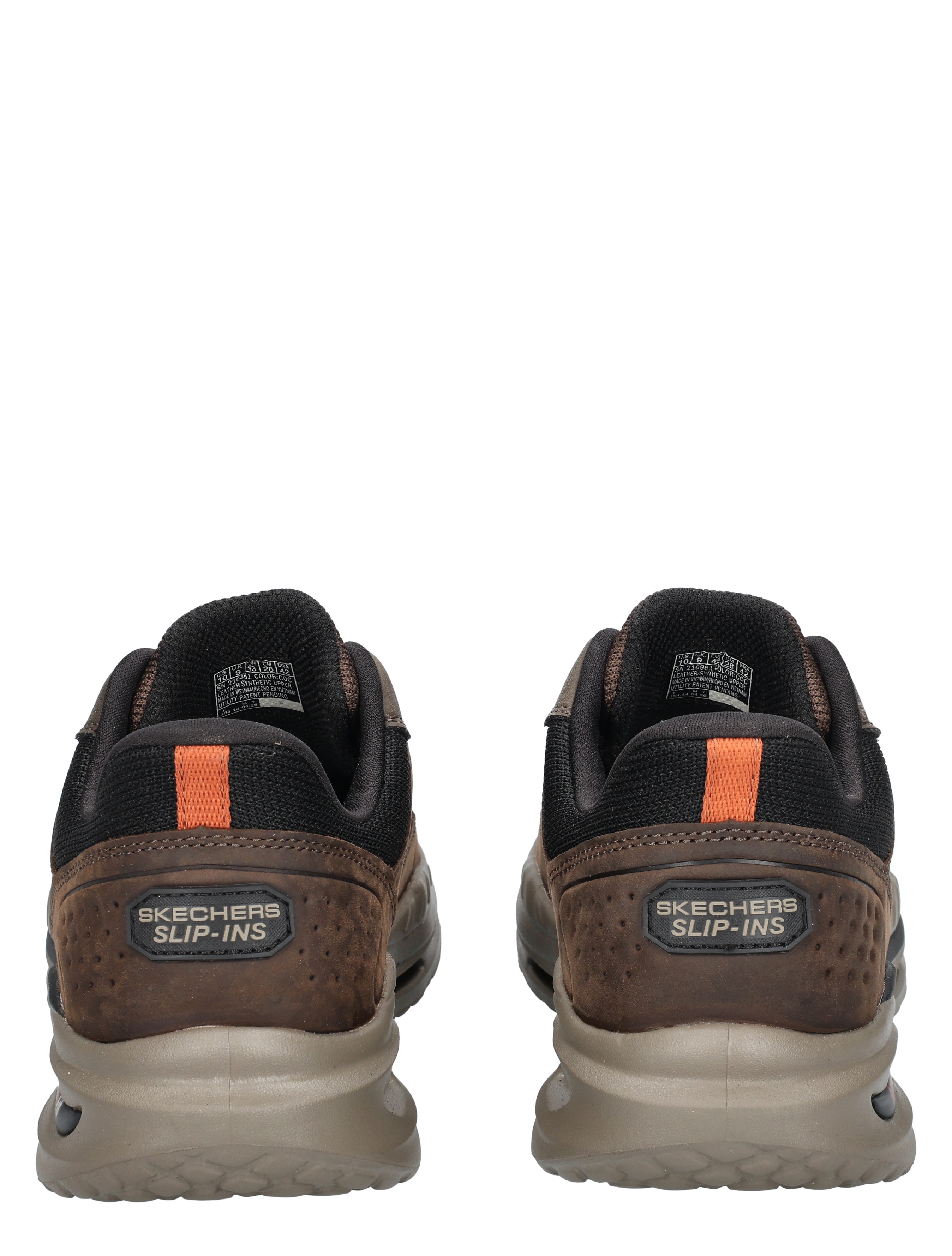 slip-ons, sneakers, bruin, zwart, oranje accent