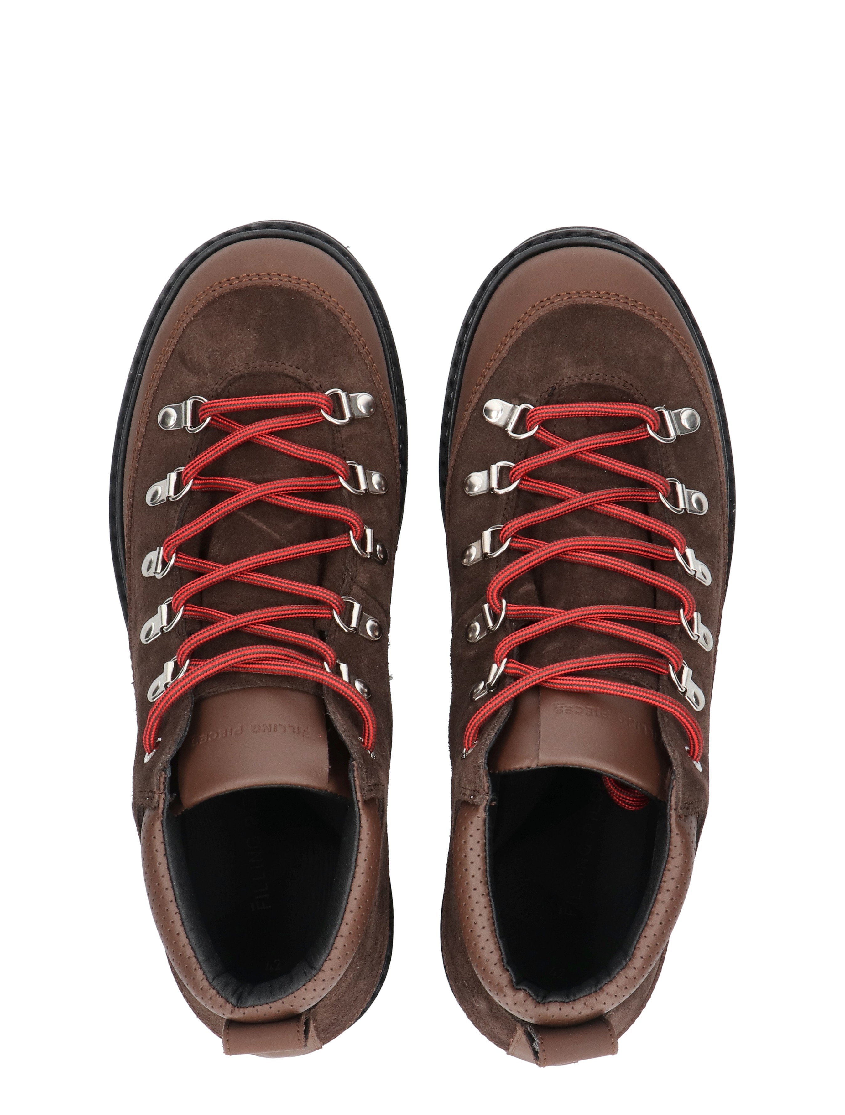hiking boots, brown suede, red laces, metal eyelets, ankle boots