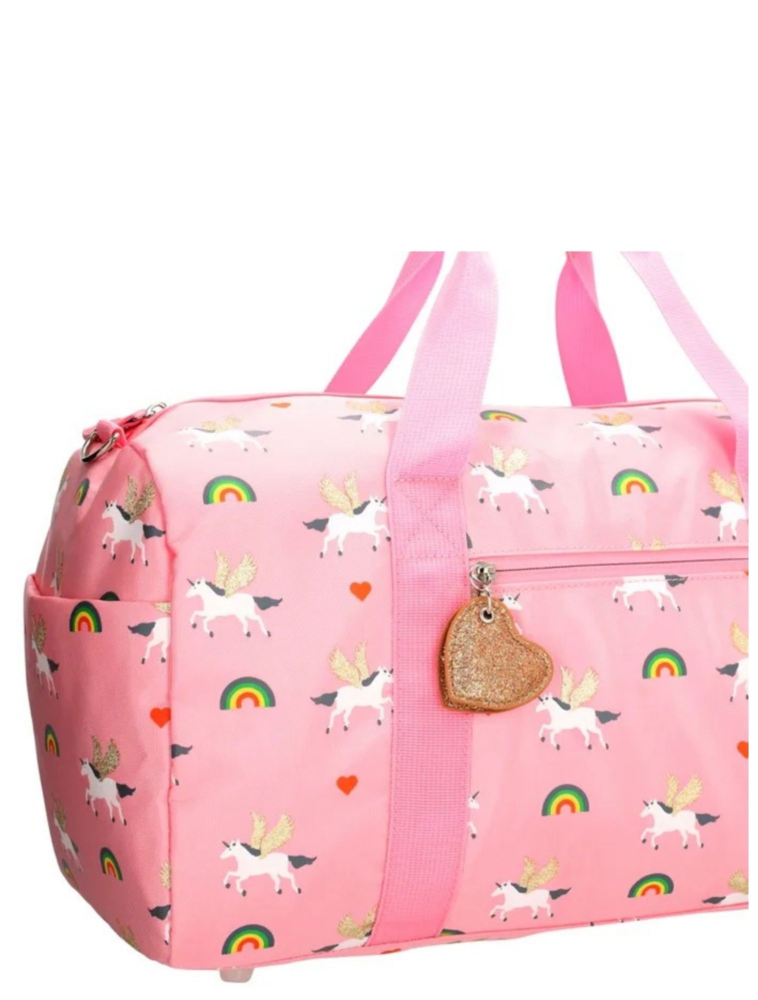 pink bag, unicorn print, rainbow pattern, duffel bag, glitter heart charm