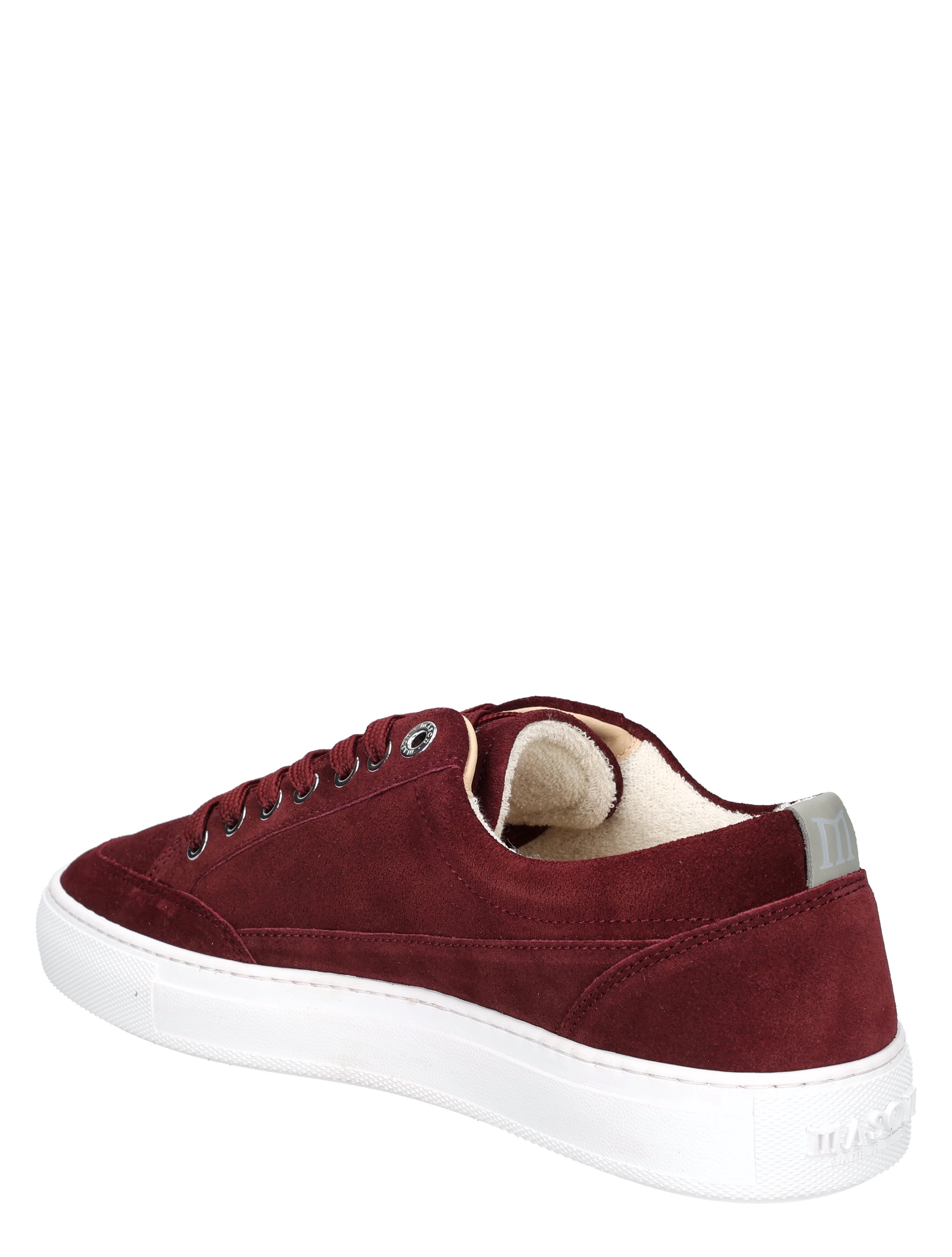 sneaker, bordeaux, suede, zolen wit, lage hiel