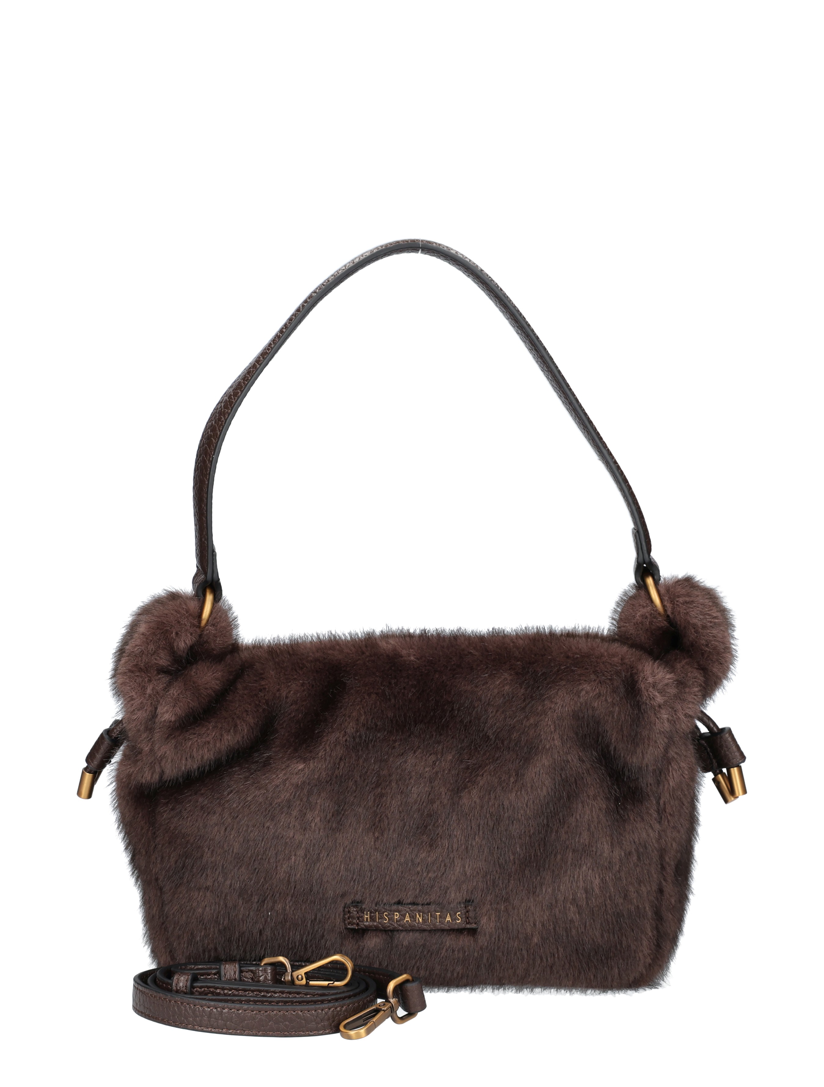 haarige, bruine tas, faux fur, handtas, riem met goudkleurige hardware