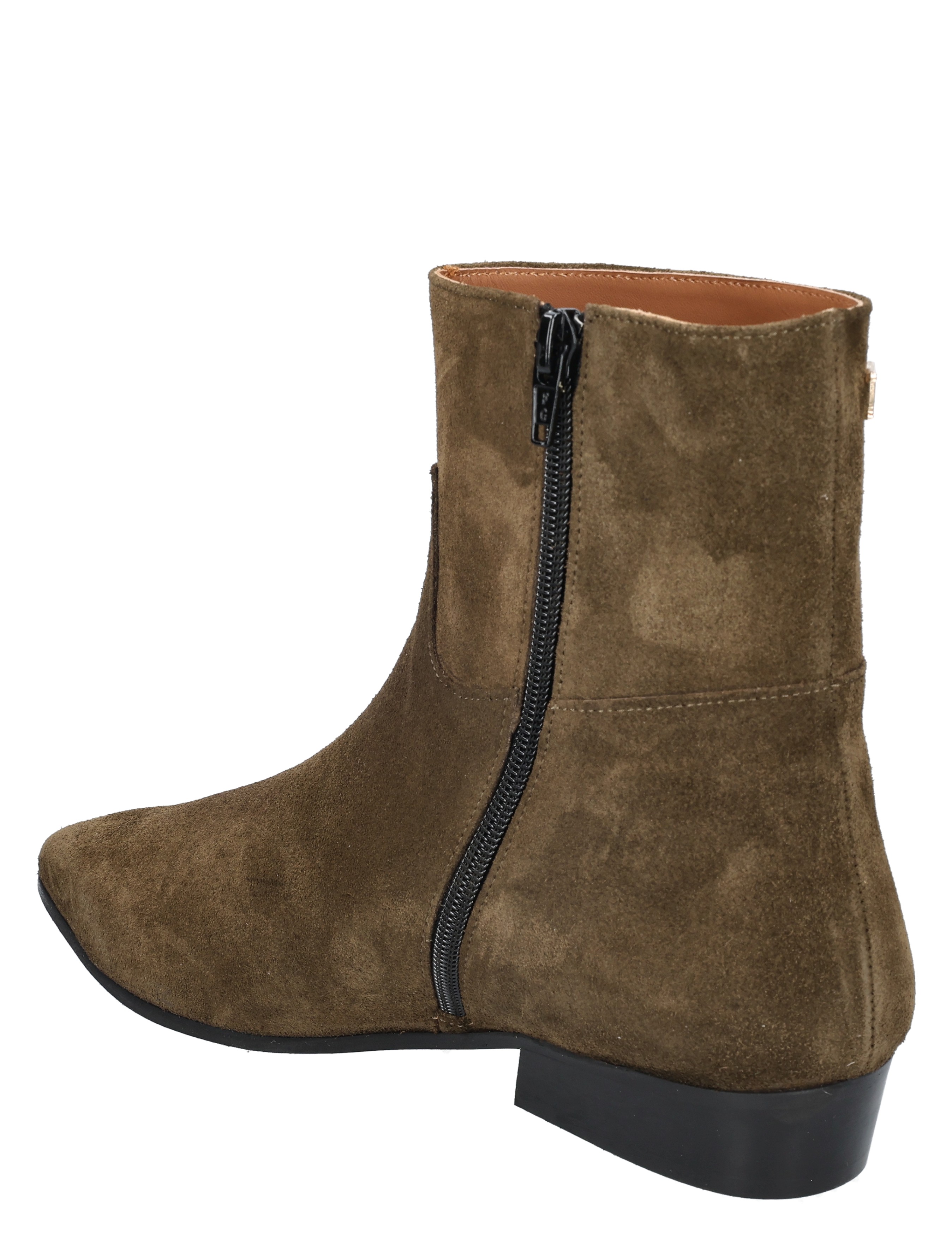 ankle boot, suede, zipper, brown, low heel