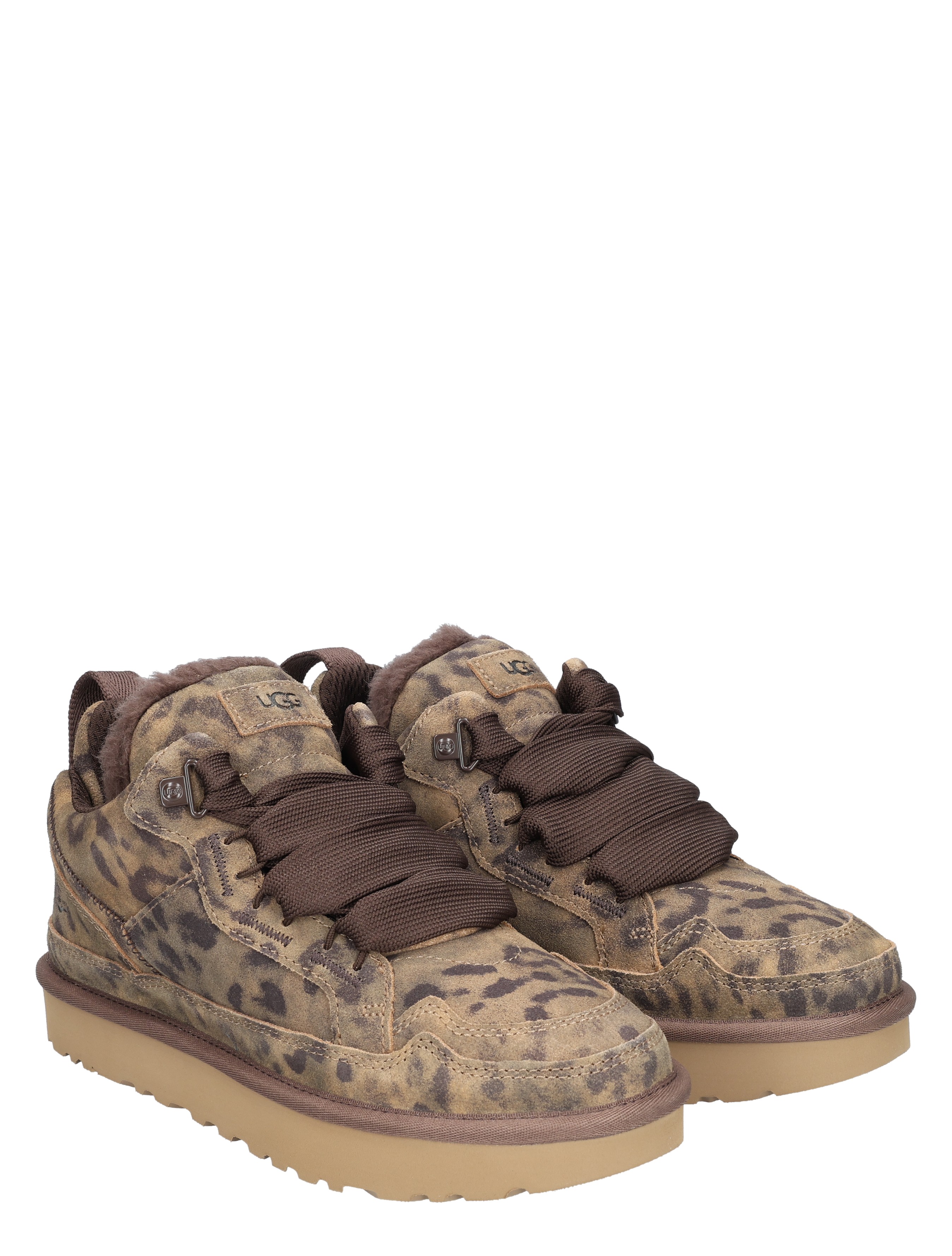 sneakers, suède, luipaardprint, bruine veters, plateauzool