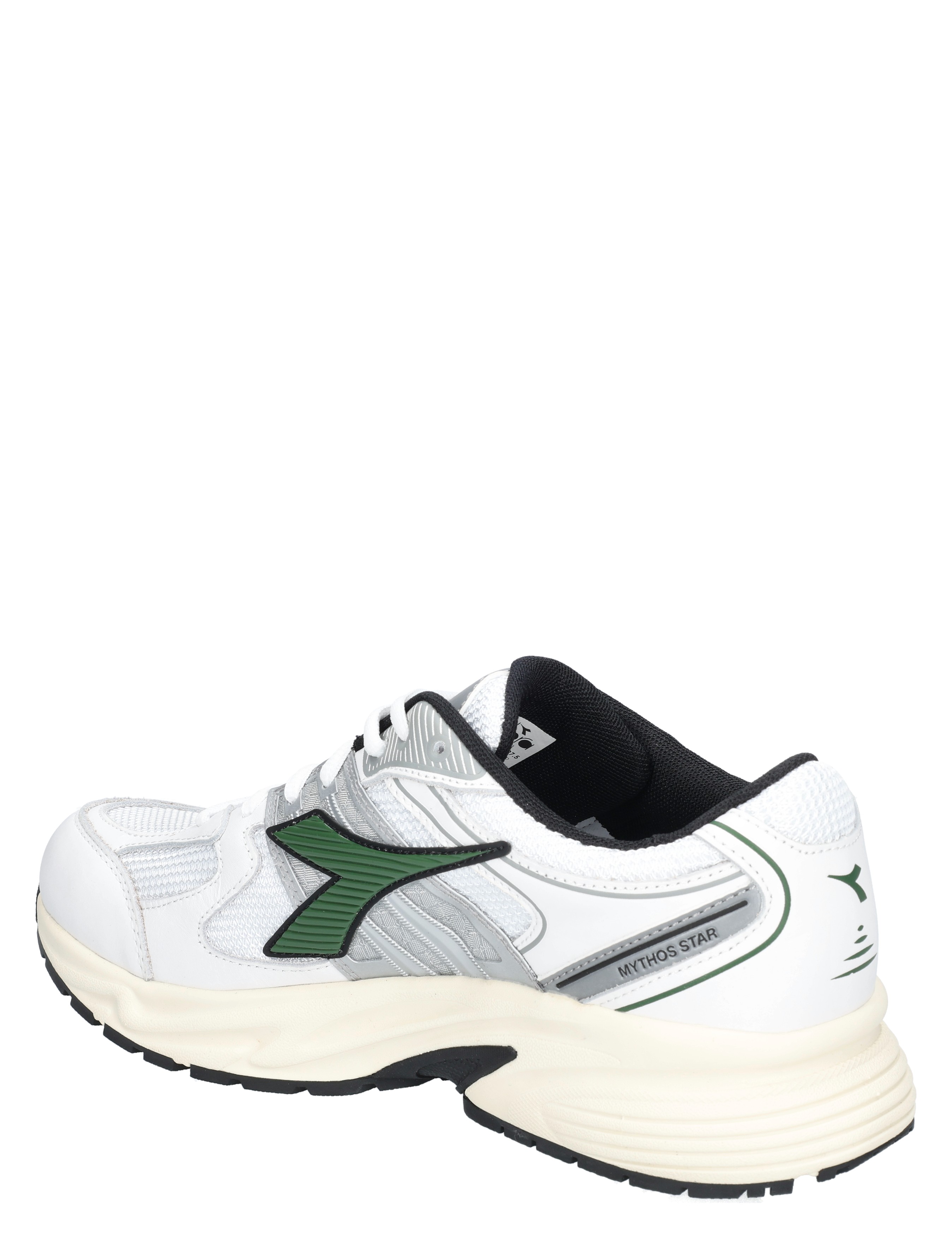 sneaker, witte schoen, grijze details, groene merkaccenten, dempgebonden zool