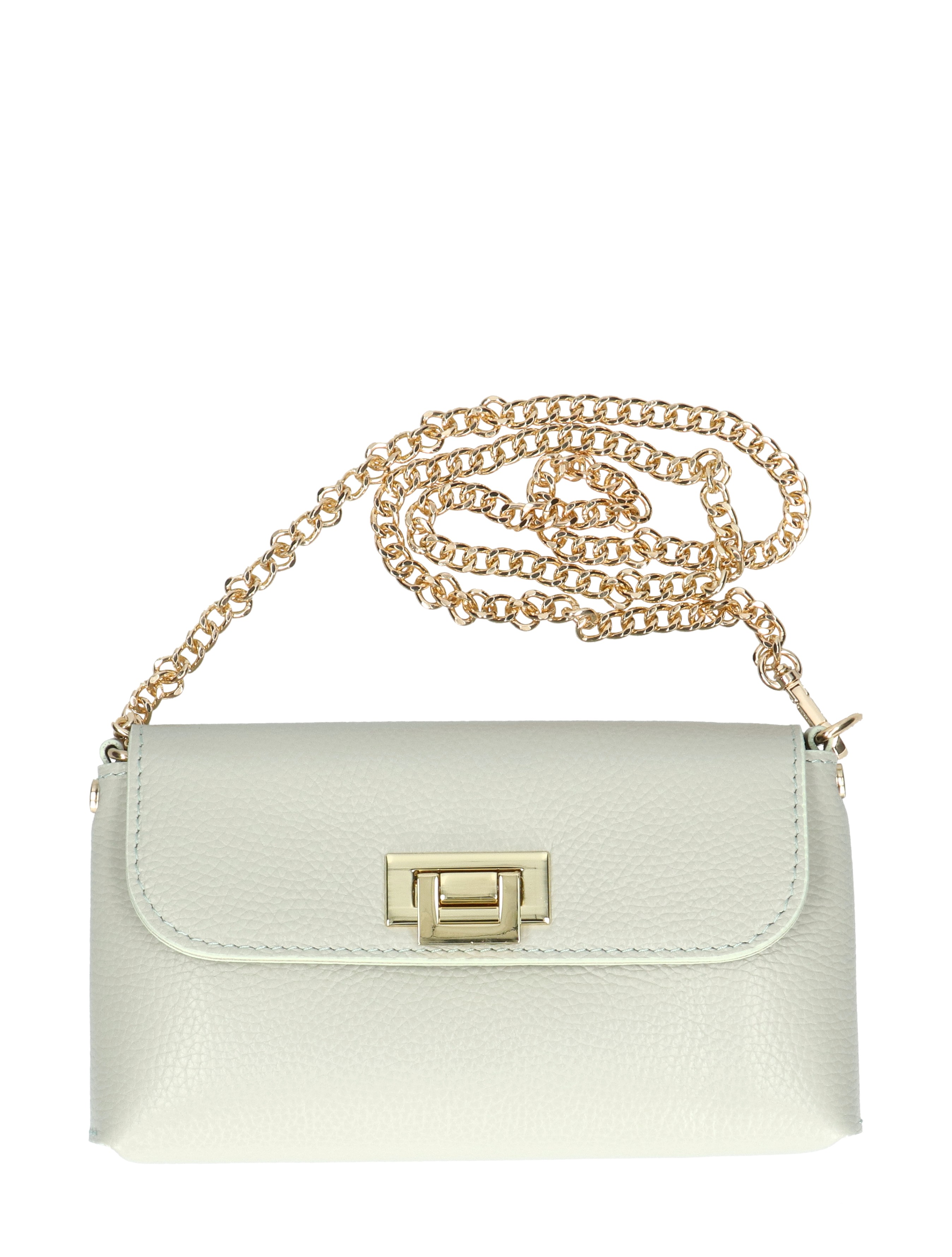 mini tas, kettingriem, gouden hardware, crème leer, flap tas